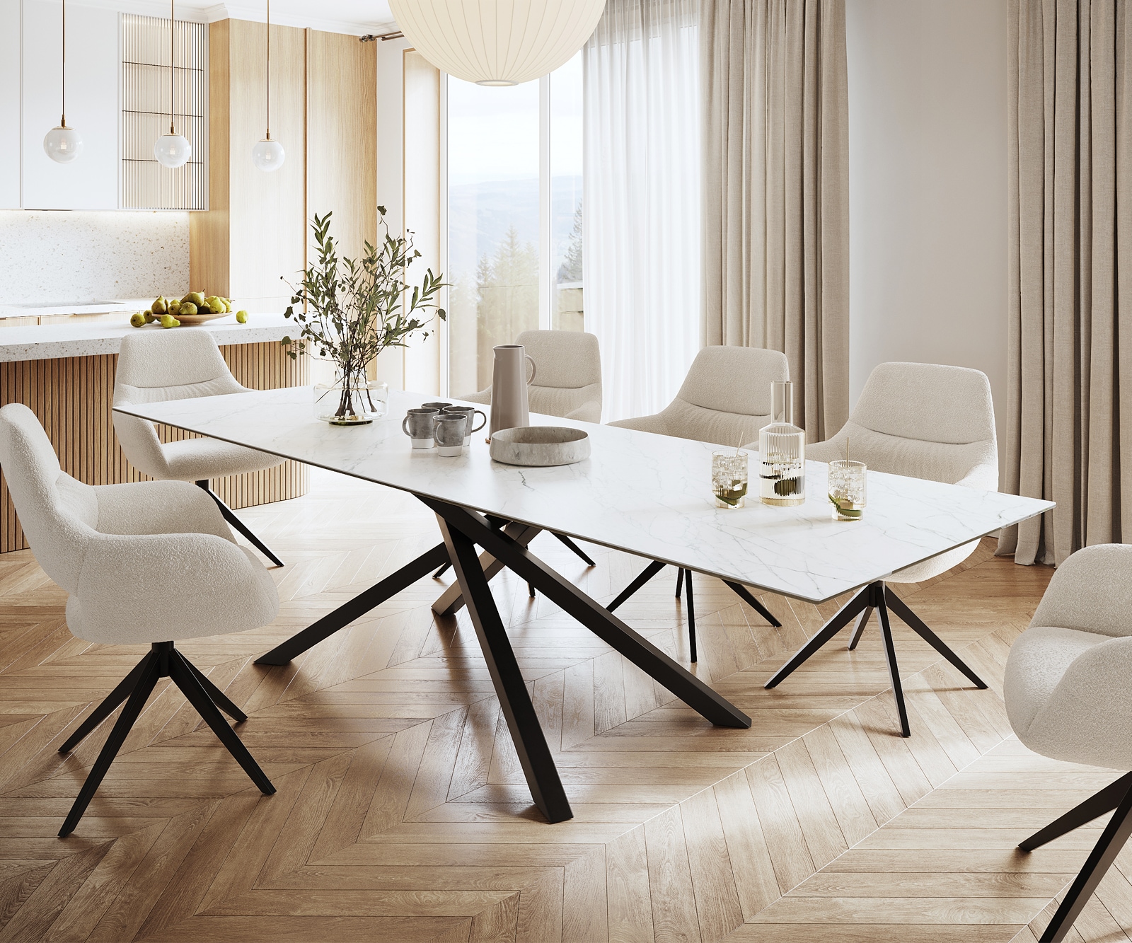 Esstisch Edge 300x100cm Keramik Laminam® Statuarietto Weiß Mittelfuß Kreuz Schwarz