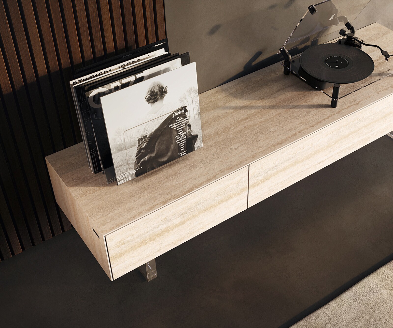 Lowboard Cuor 150 cm Keramik Laminam® Travertino Bianco Creme-Weiß 1 Klappe 1 Schubfach Fuß Schwebeoptik Acrylglas 3