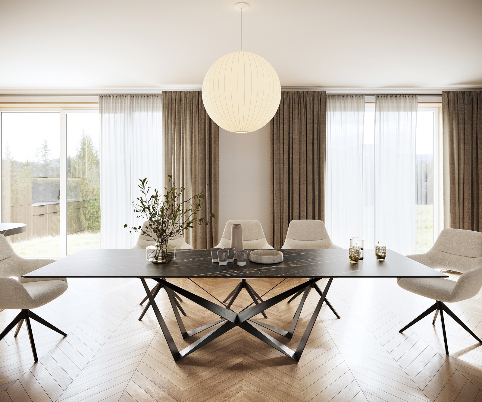 Esstisch Edge 300x100cm Keramik Laminam®Noir Desir Braun Mittelfuß Flachstahl Schwarz 1