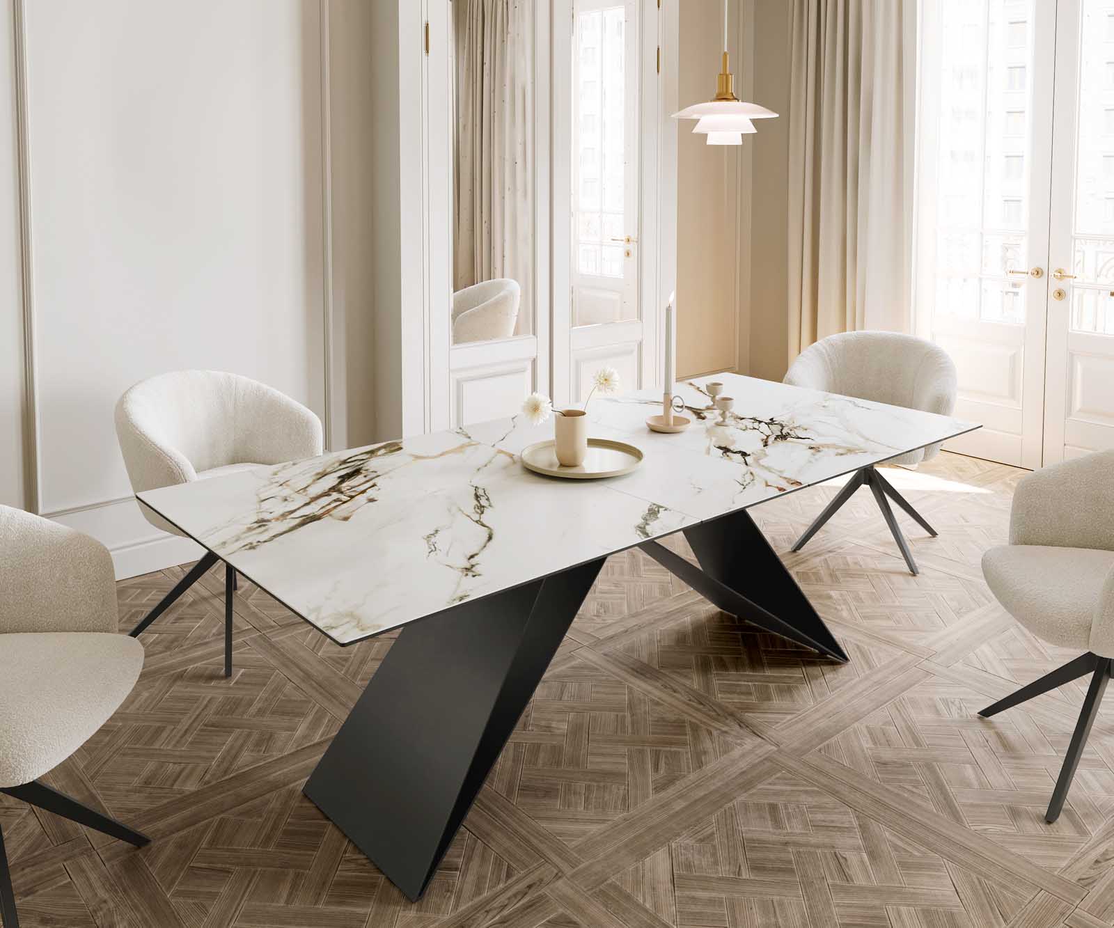 Esstisch Edge 180-220x100 Keramik Calacatta Luxe Weiß-Gold-Grau V-Gestell Flachstahl Schwarz ausziehbar Esstisch Edge 180-220x100 Keramik Calacatta Luxe Weiß-Gold-Grau V-Gestell Flachstahl Schwarz ausziehbar