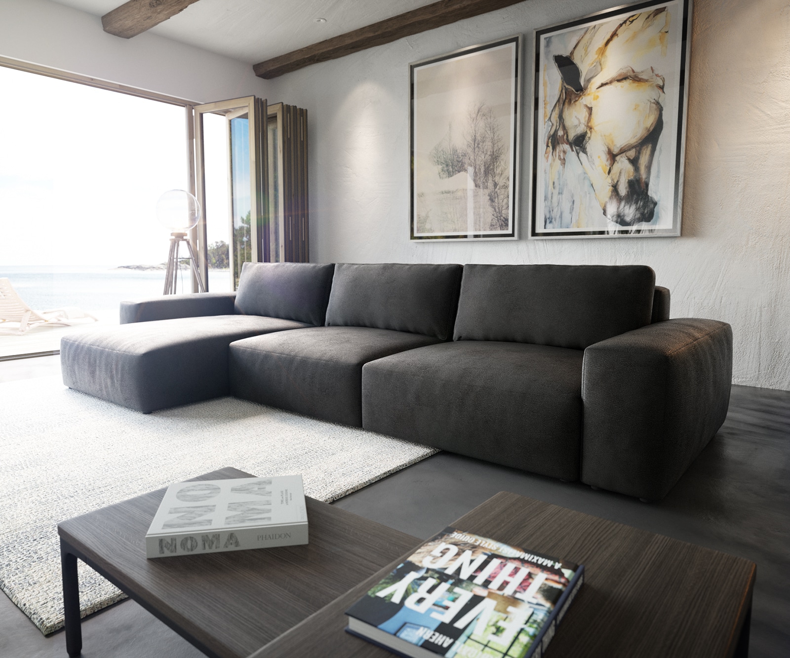 Ecksofa Lanzo XL 380x180 cm Lederimitat Vintage Anthrazit Recamiere variabel 1