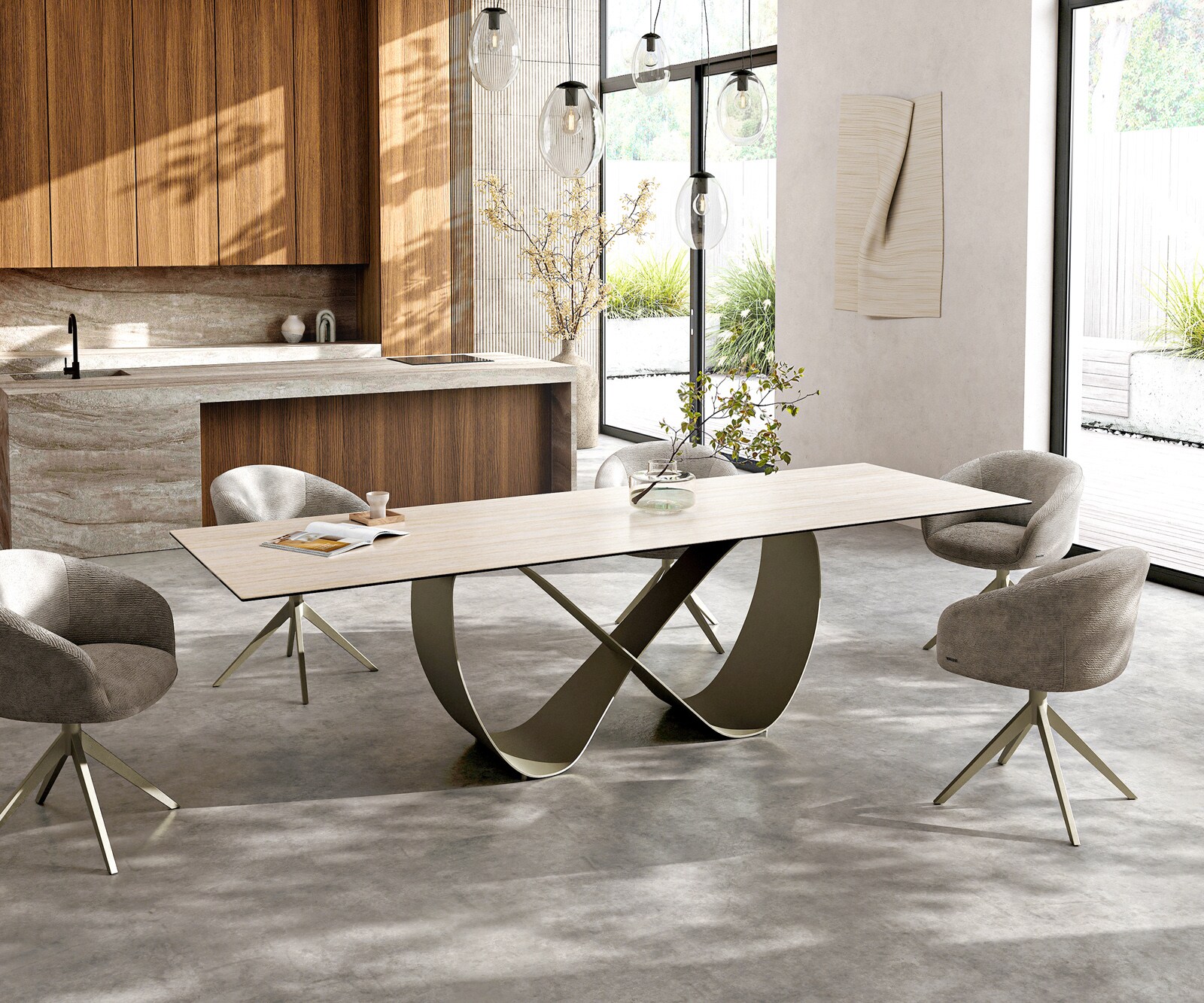 Esstisch Edge 300x100 Keramik Laminam® Travertino Bianco Creme-Weiß Infinity Metall Effektfinish Titan 6