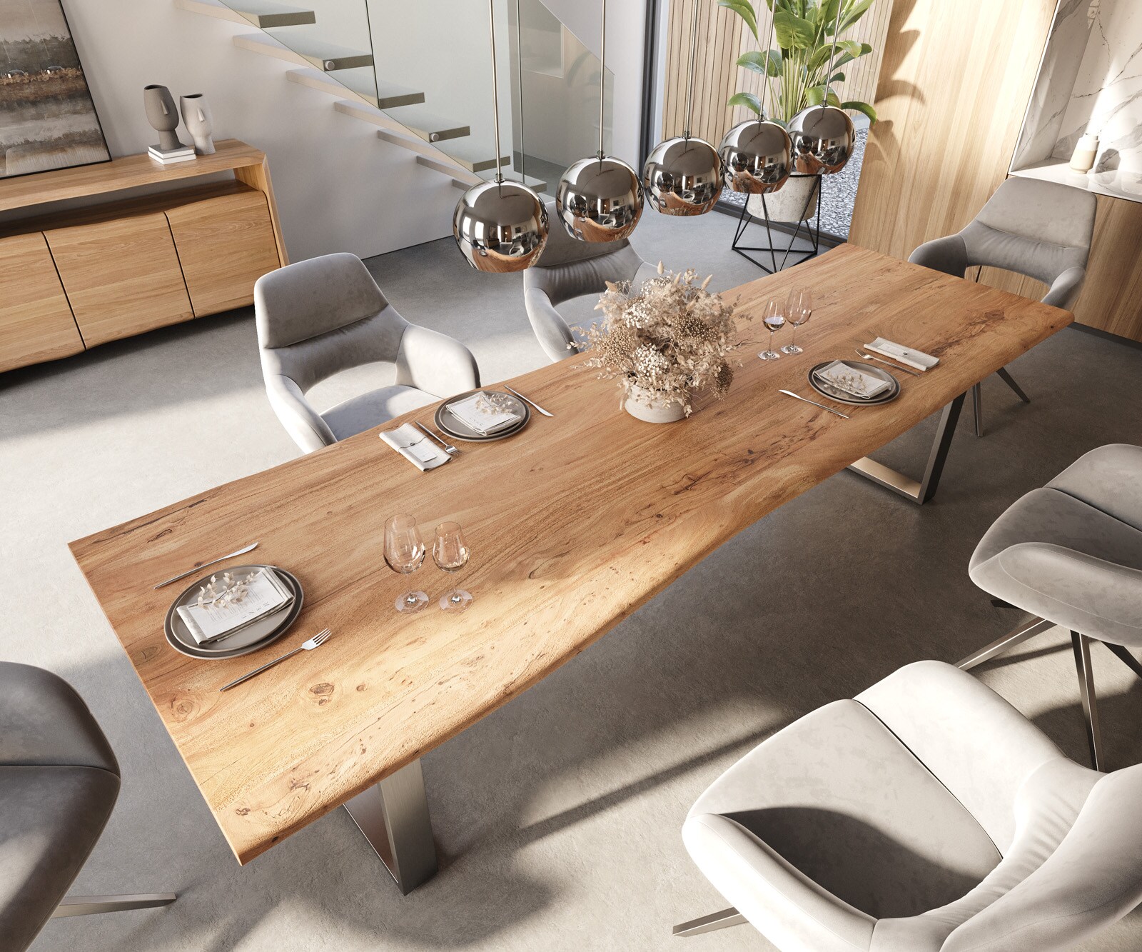 Esstisch Edge 300x100 Akazie Natur Edelstahl Schmal Live-Edge 4