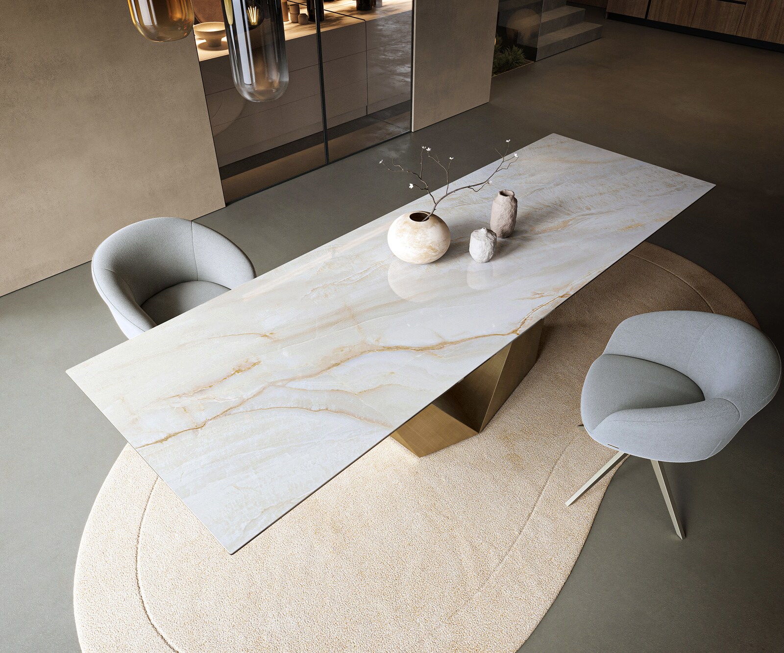 Esstisch Edge 300x100 cm Keramik Onyx Pearl Prisma Metallic Gold 4