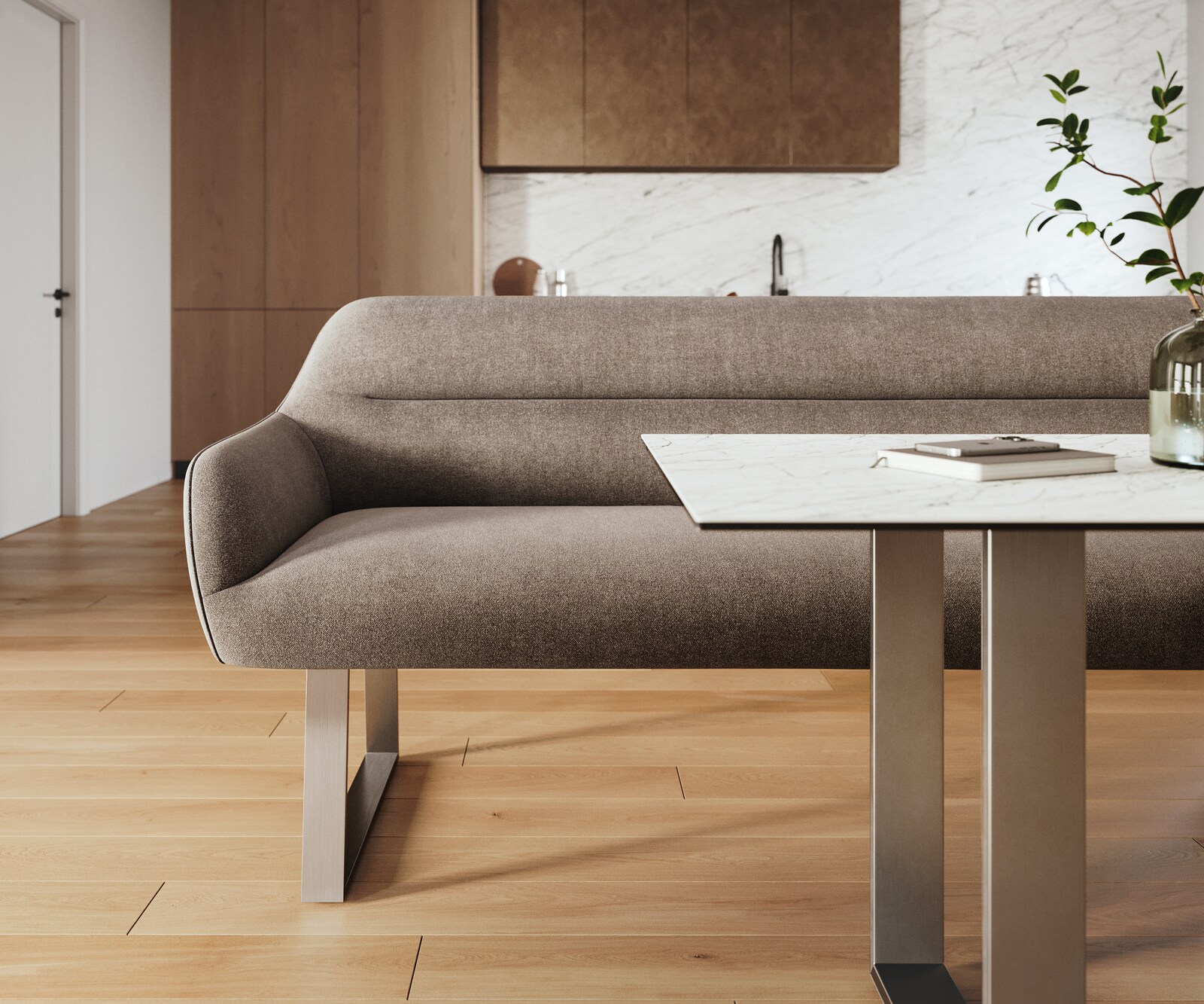 Esszimmerbank Taya-Flex 300 cm Strukturstoff Soft Taupe Kufengestell kantig Edelstahl Taschenfederkern 2