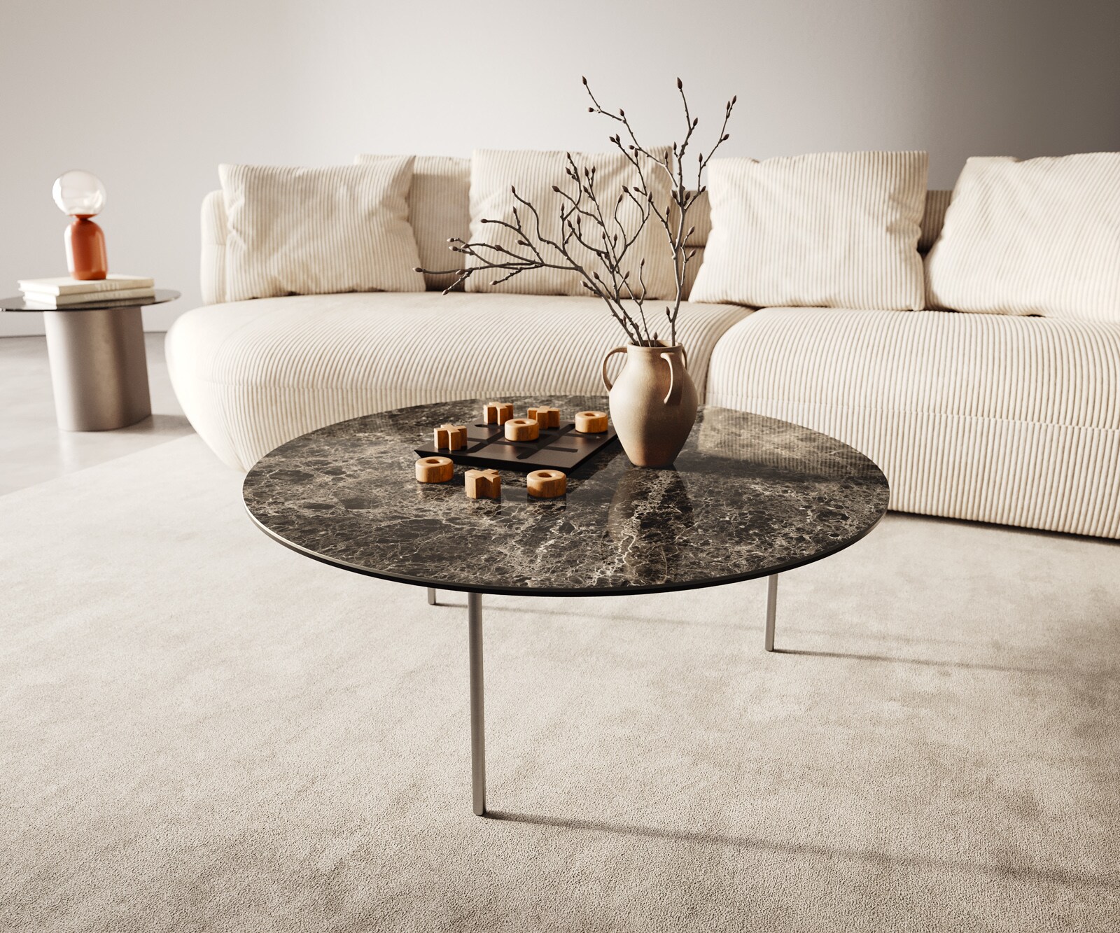 DELIFE Couchtisch Edge Rund 90x90 cm Keramik Emperador Extra Lucidato Dunkelbraun Trive Edelstahl gebürstet, Couchtische - B90 x T90 x H34 cm