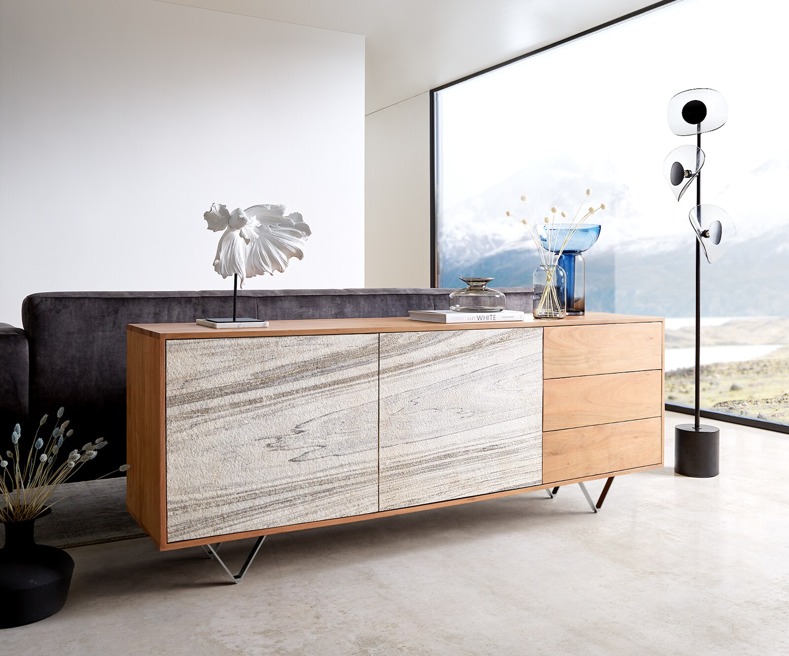Sideboard Kleo Akazie Natur Echtsteinplatte weiss 5