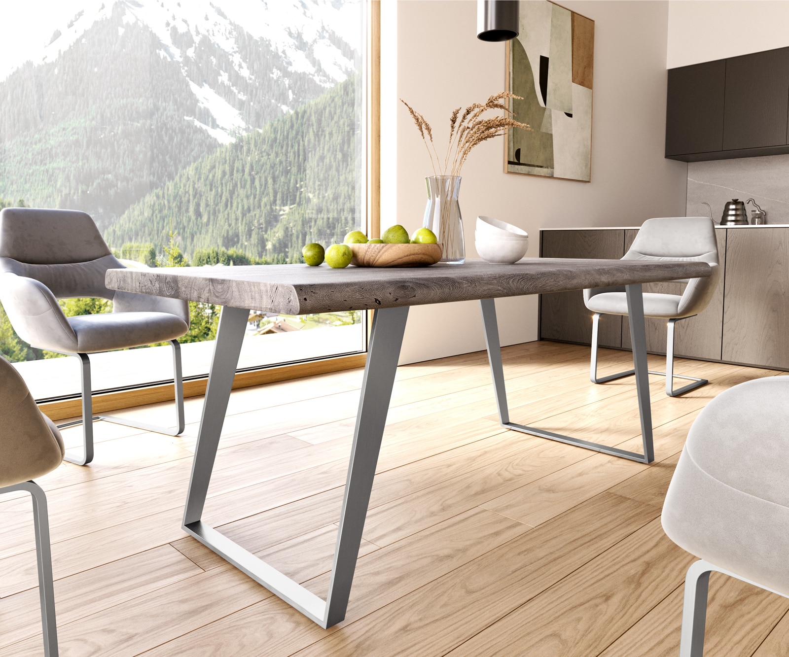 Esstisch Edge 180x90 XL Akazie Platin Edelstahl Schräg Live-Edge 6