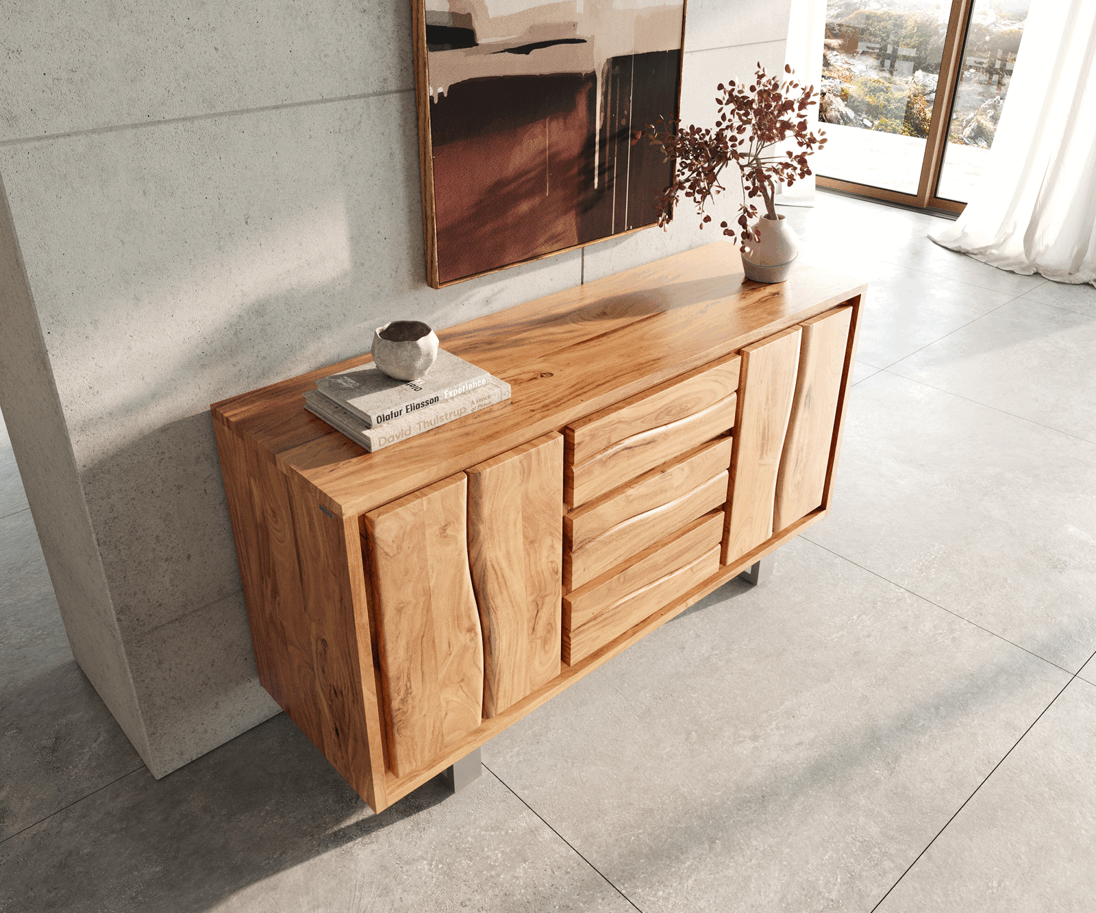 Sideboard Live-Edge 147 cm Akazie Natur 3 Schübe 2 Türen 3