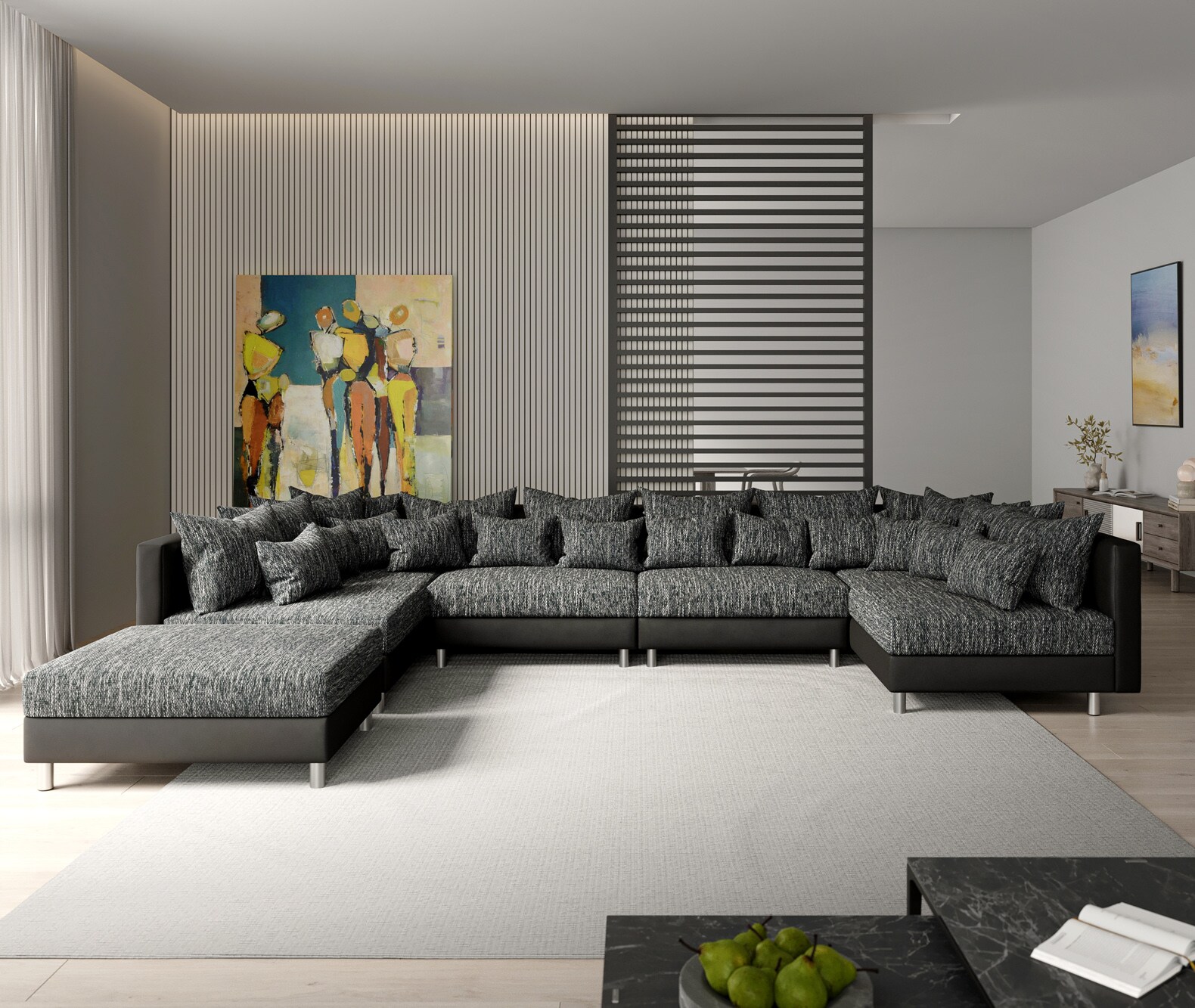 Wohnlandschaft Clovis XL Schwarz Modulsofa mit Hocker  1