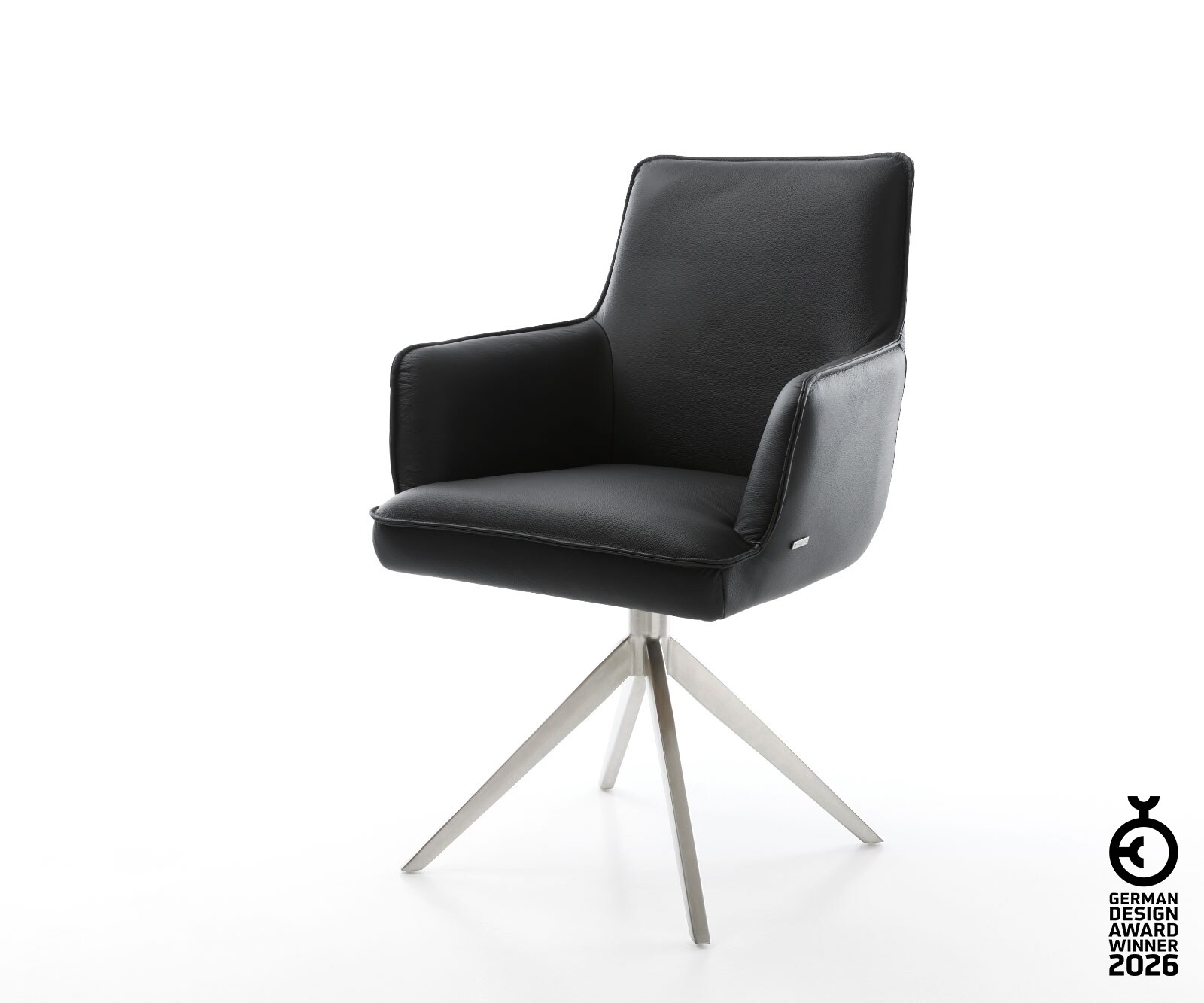 Drehstuhl Heira-Flex mit Armlehnen Echt-Leder Schwarz Kreuzgestell breit Edelstahl 360° drehbar Wippfunktion Taschenfederkern