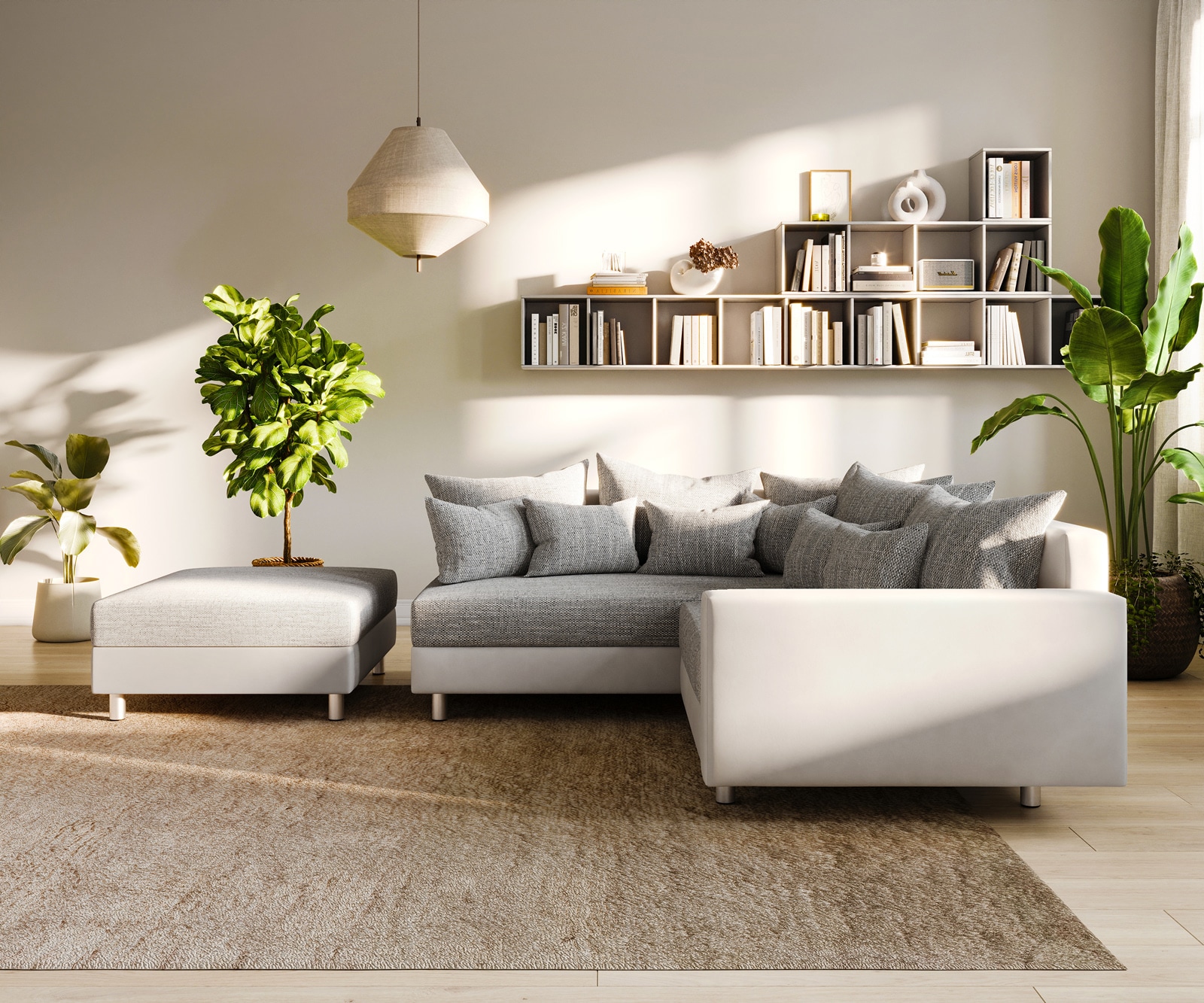Ecksofa Clovis Weiss Hellgrau Hocker Armlehne Ottomane Links Modulsofa 3