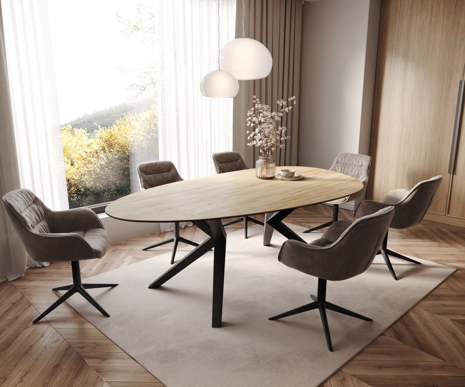 Esstisch Edge Oval 220x120 Keramik Laminam® Sabbia Eichefarbig Zenthara kantig Metall Schwarz 8