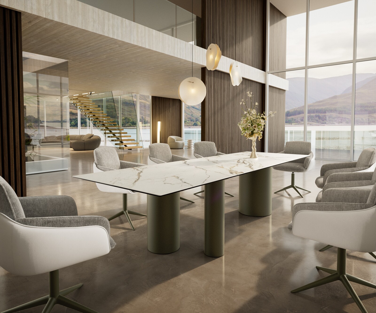 Esstisch Edge 300x100 Keramik Calacatta Luxe Weiß-Gold-Grau Troa Metall Effektfinish Titan 5