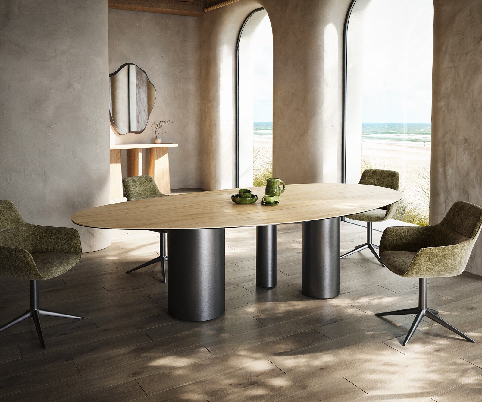 Esstisch Edge Oval 280x130 Keramik Laminam® Sabbia Eichefarbig Troa Edelstahl Graphit