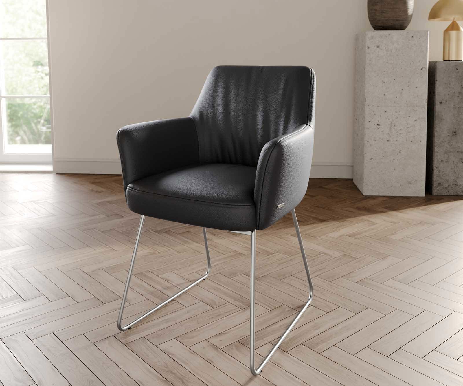 Esszimmerstuhl Xana-Flex mit Armlehnen Echt-Leder Schwarz Kufengestell Edelstahl Taschenfederkern Esszimmerstuhl Xana-Flex mit Armlehnen Echt-Leder Schwarz Kufengestell Edelstahl Taschenfederkern