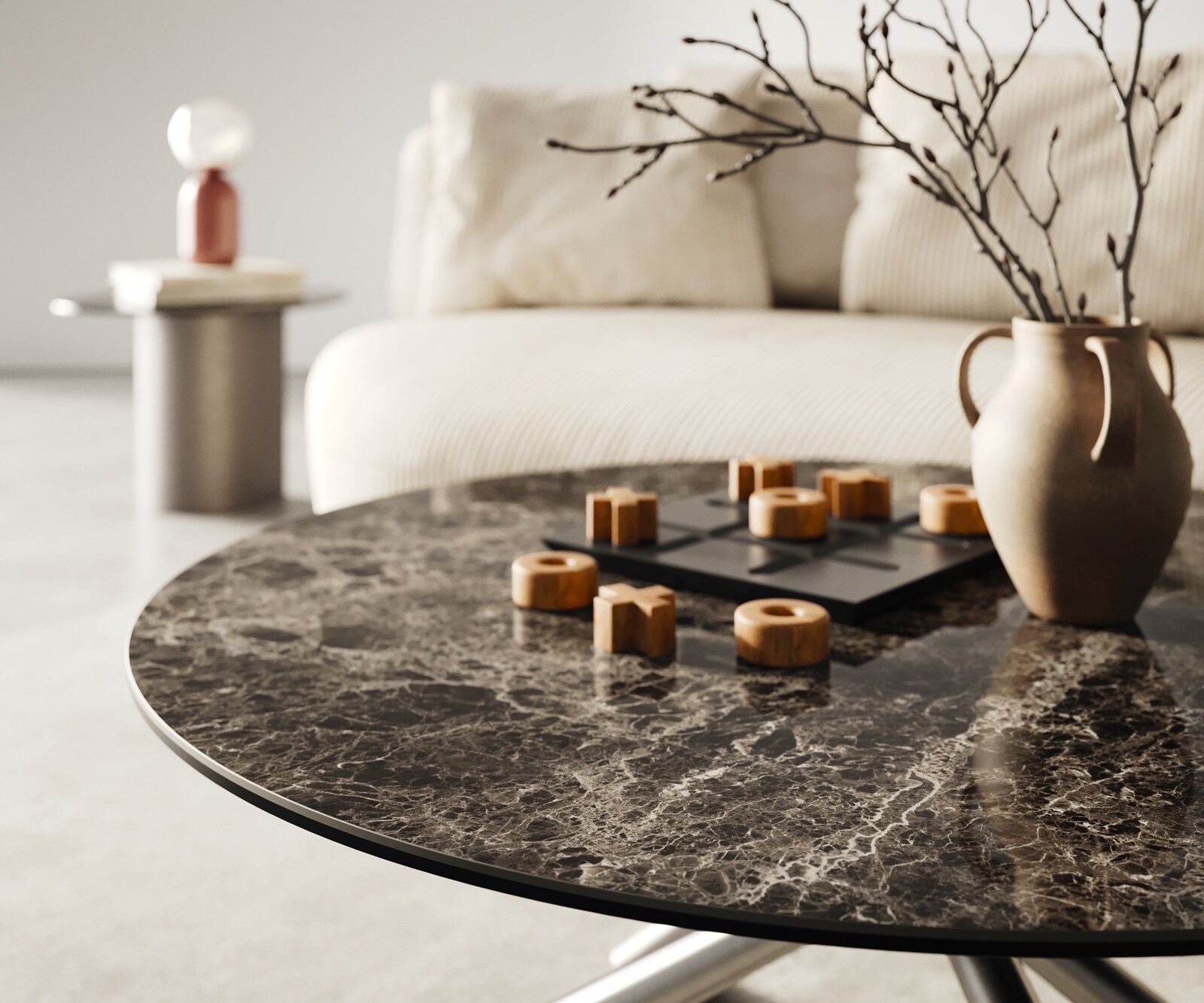 Couchtisch Edge Rund 90x90 cm Keramik Laminam® Emperador Extra Lucidato Dunkelbraun Sarity Edelstahl gebürstet 3