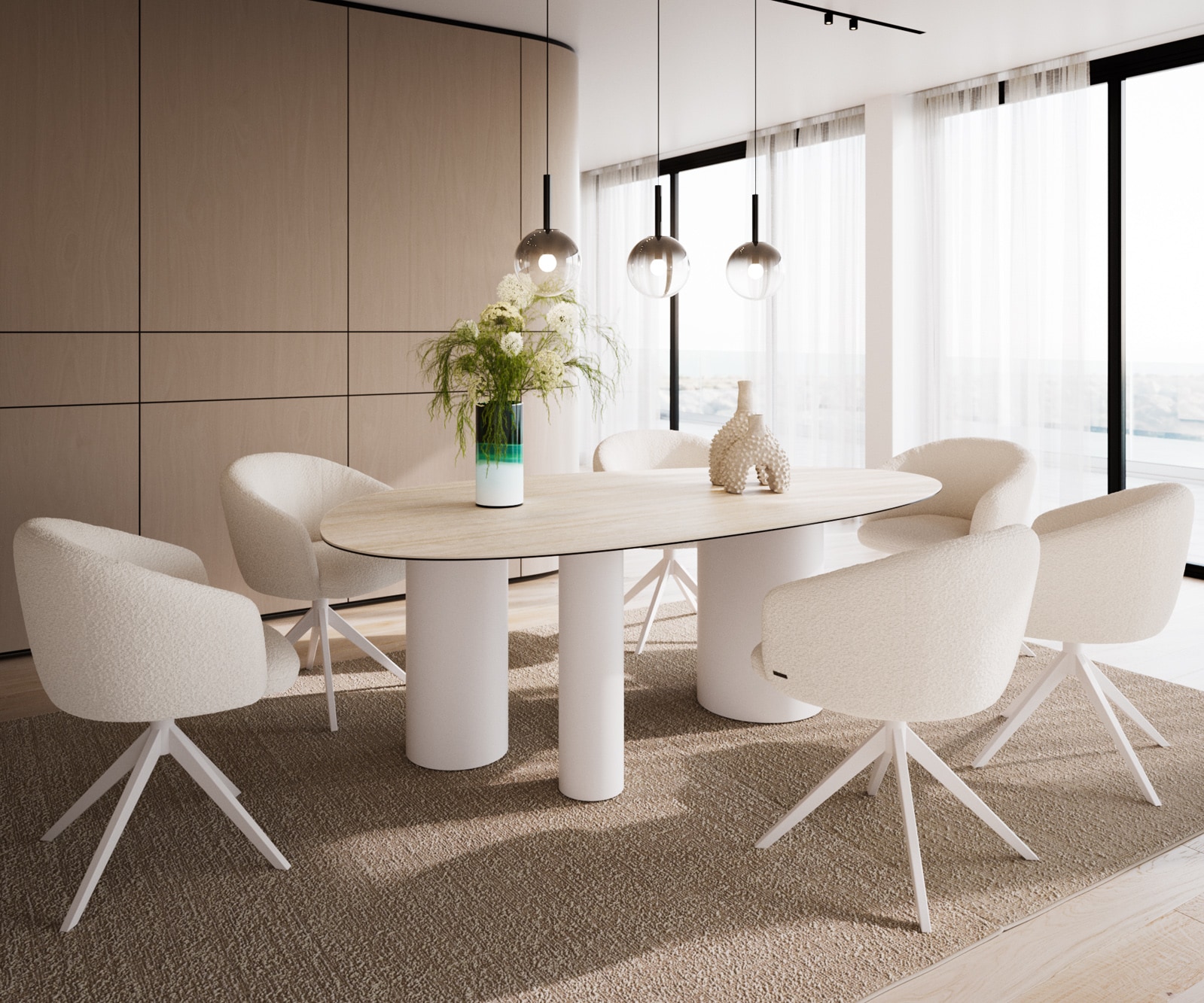 Esszimmertisch Edge Oval Keramik Laminam®Travertino Bianco Creme-Weiß 220x120 Troa Metall Weiß