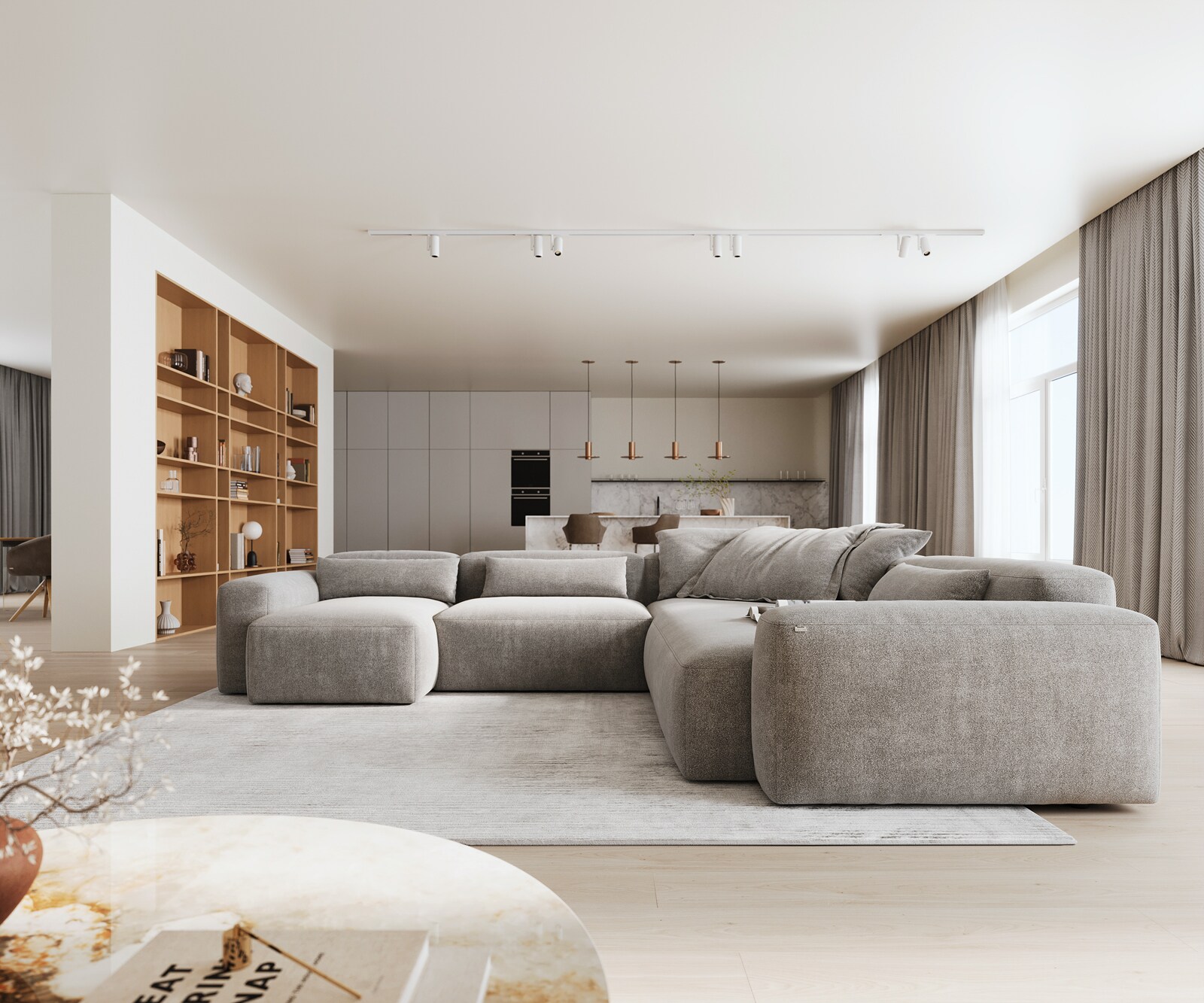 Wohnlandschaft Freestyle 360x290 cm Strukturstoff Soft Grau Kappnaht 2