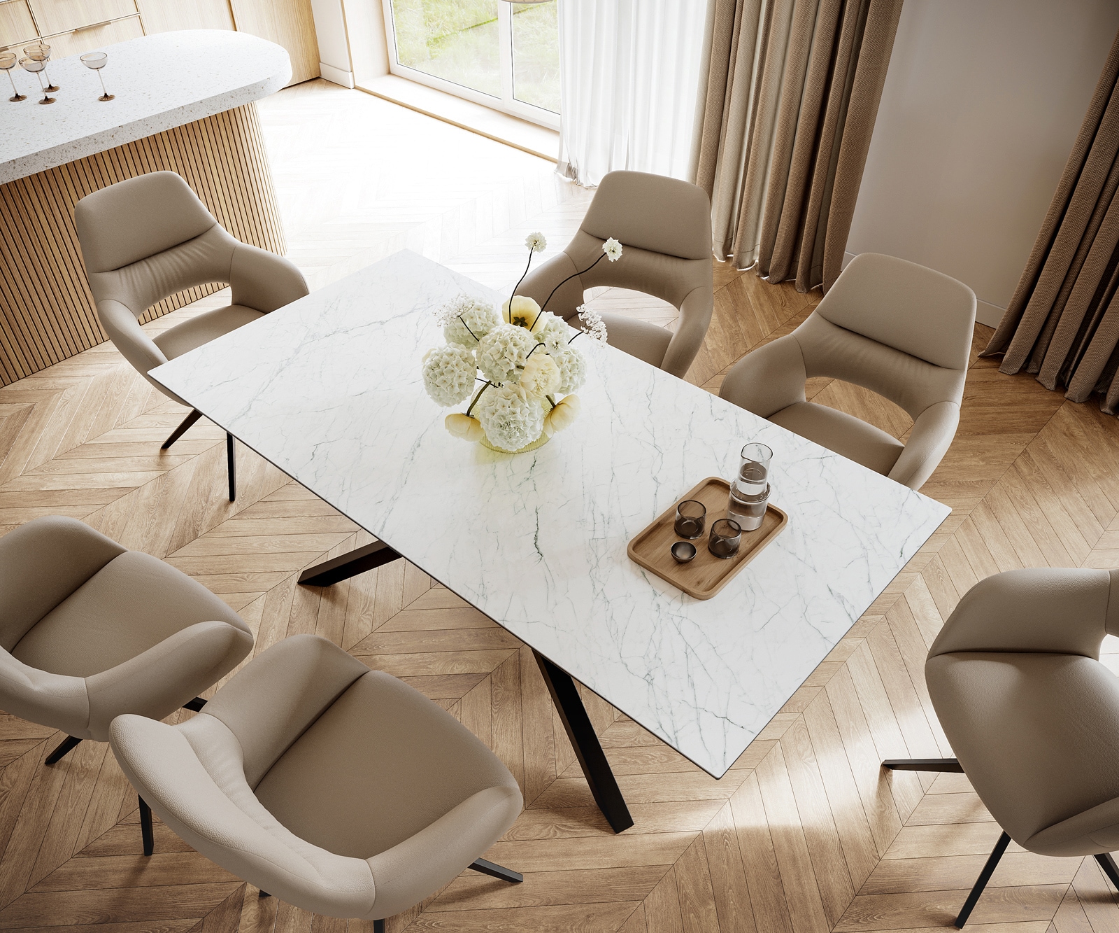 Esstisch Edge 200x100cm Keramik Laminam®Statuarietto Weiß Mittelfuß Kreuz Schwarz 3