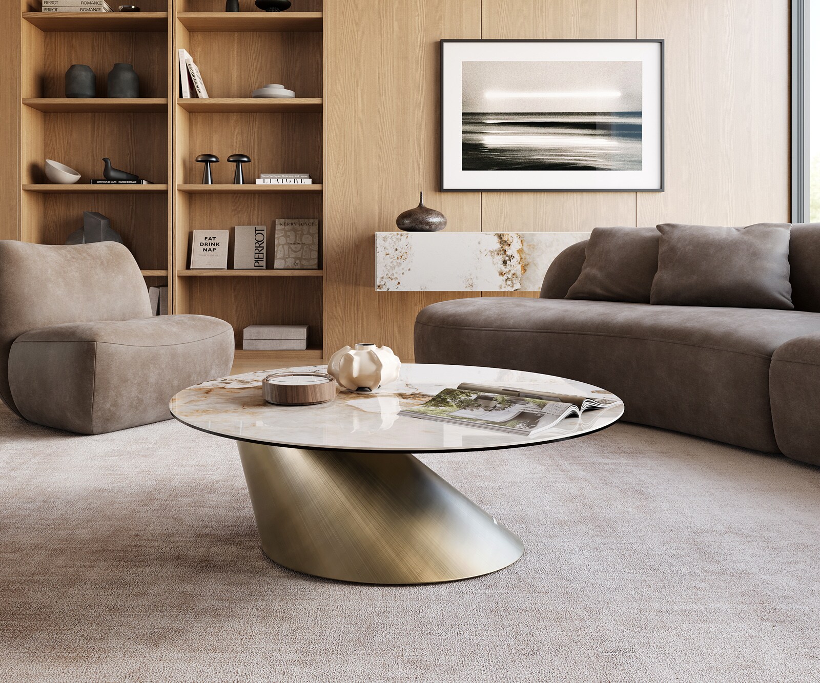 Couchtisch Edge Rund 100x100 cm Keramik Minas Melange Conis Metallic Gold 1
