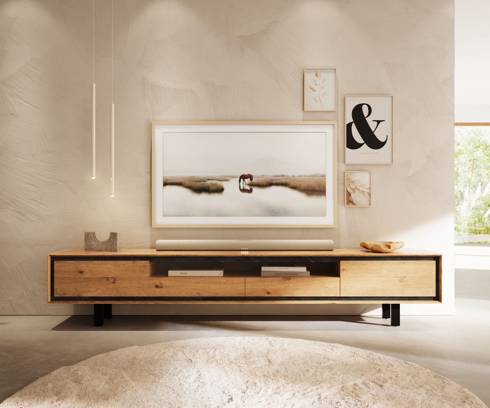 Lowboard Stonegrace 240 cm Eiche Natur 2 Türen 2 Schubladen 1 Fach Fuß Vierkant Metall Schwarz 1 Lowboard Stonegrace 240 cm Eiche Natur 2 Türen 2 Schubladen 1 Fach Fuß Vierkant Metall Schwarz 1