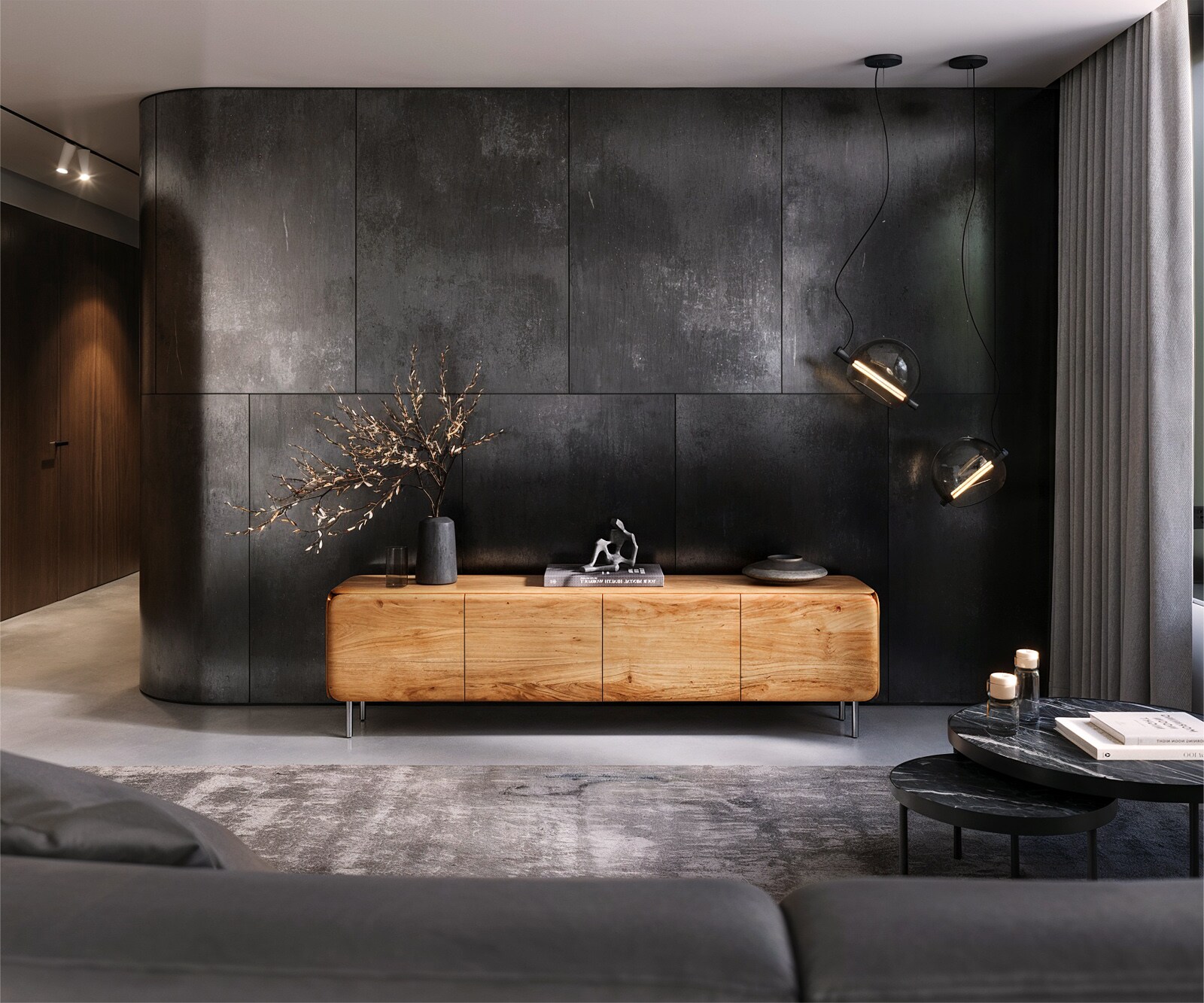 Lowboard Shavani 200 cm Akazie Natur 4 Türen Rundfuß Edelstahl Silber 2