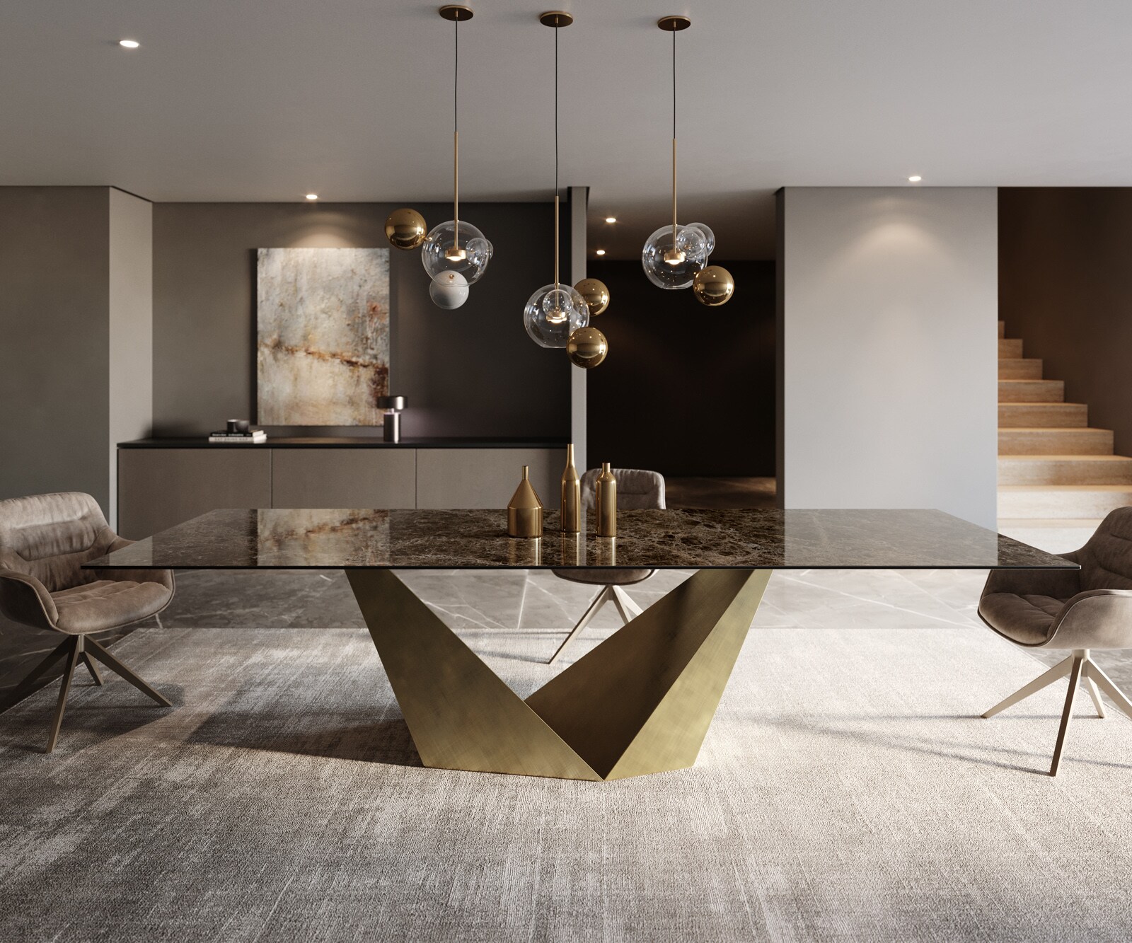 Esstisch Edge 300x100 Keramik Laminam® Emperador Extra Lucidato Dunkelbraun Prisma Metallic Gold 1