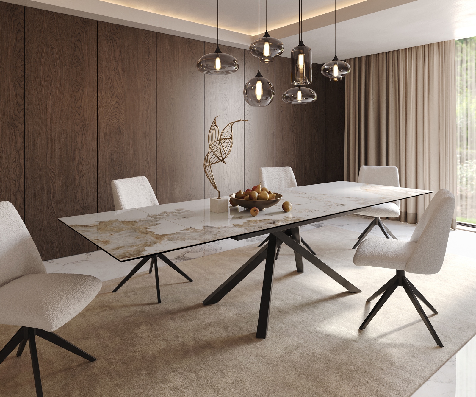 Esstisch Edge 200-300x100 Keramik Minas Melange Weiß-Beige Kreuzgestell Rechteck Schwarz ausziehbar