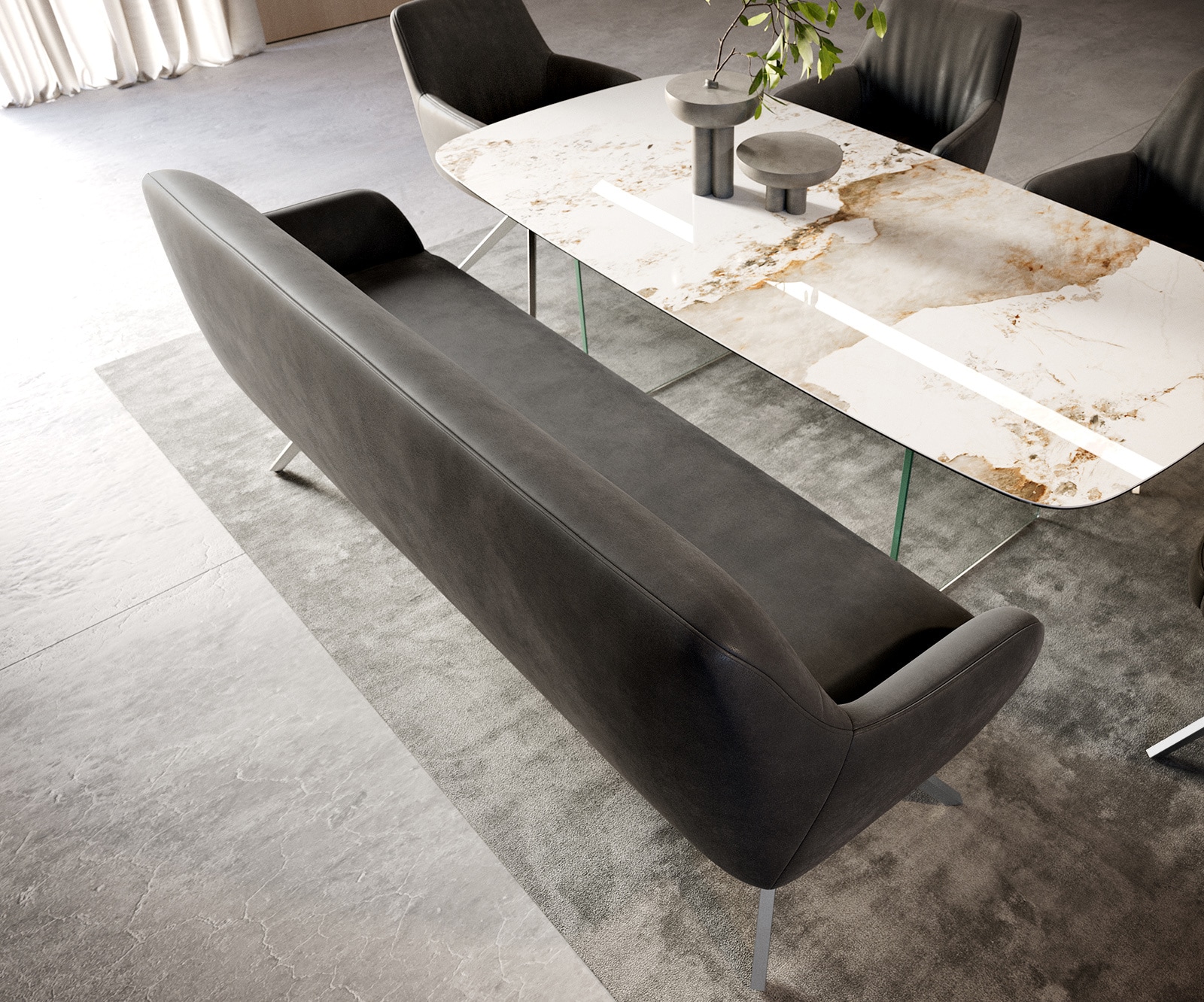 Esszimmerbank Taya-Flex 200 cm Mikrofaser Anthrazit Vintage Kreuzgestell kantig Edelstahl Taschenfederkern 3