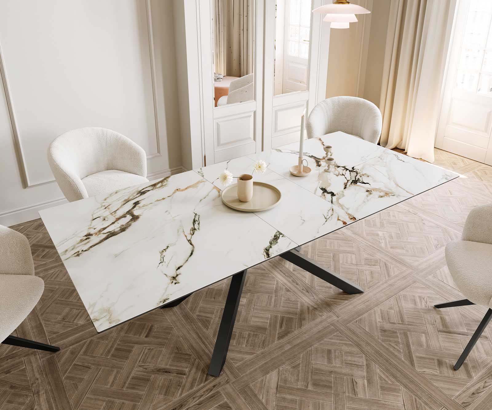 Esstisch Edge 180-220x100 Keramik Calacatta Luxe Weiß-Gold-Grau Kreuzgestell Rechteck Schwarz ausziehbar 5