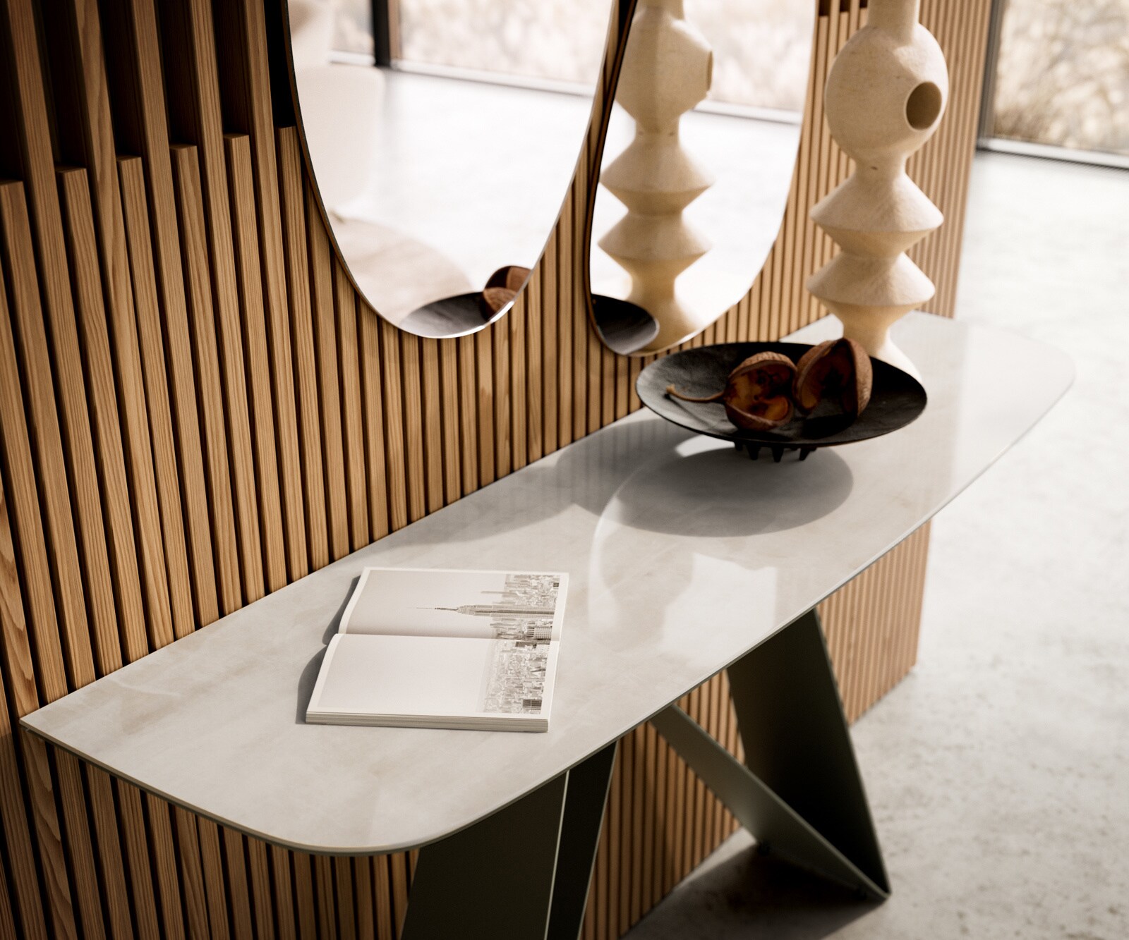 Konsolentisch Edge Boot 140x40 cm Keramik Onyx Champagne Velio Metall Effektfinish Titan 5
