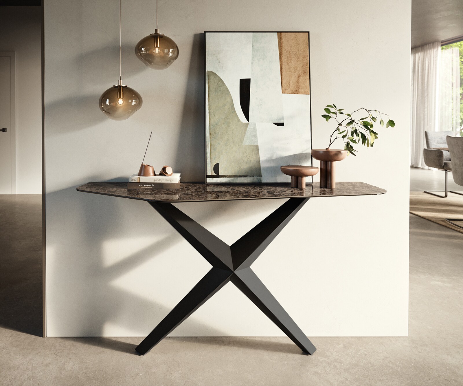 Konsolentisch Edge Polygonal 140x50 cm Keramik Emperador Extra Lucidato Dunkelbraun Zentharo Metall Schwarz 1