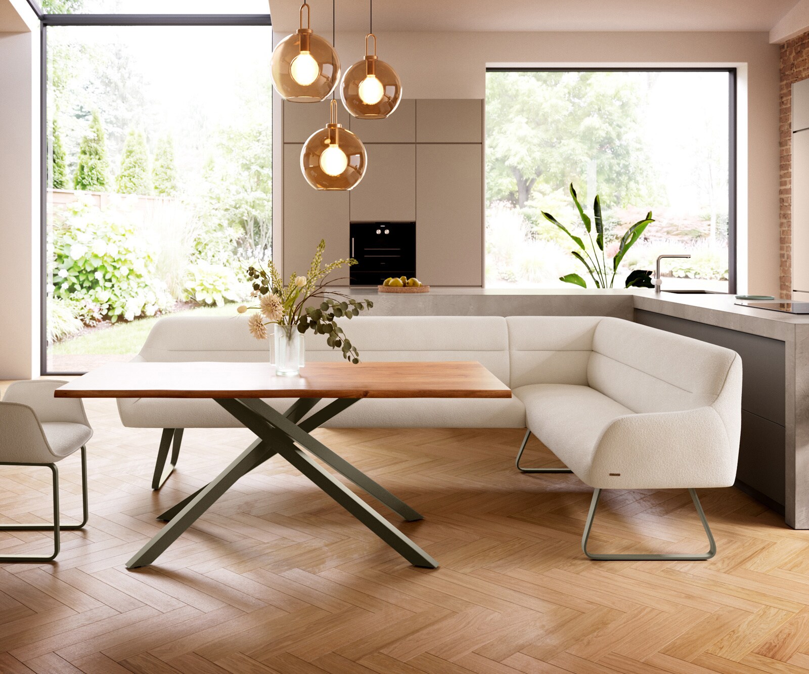 Esszimmerbank Taya-Flex 285x190 cm Bouclé Creme-Weiß Kufengestell flach Effektfinish Titan Taschenfederkern Links 1