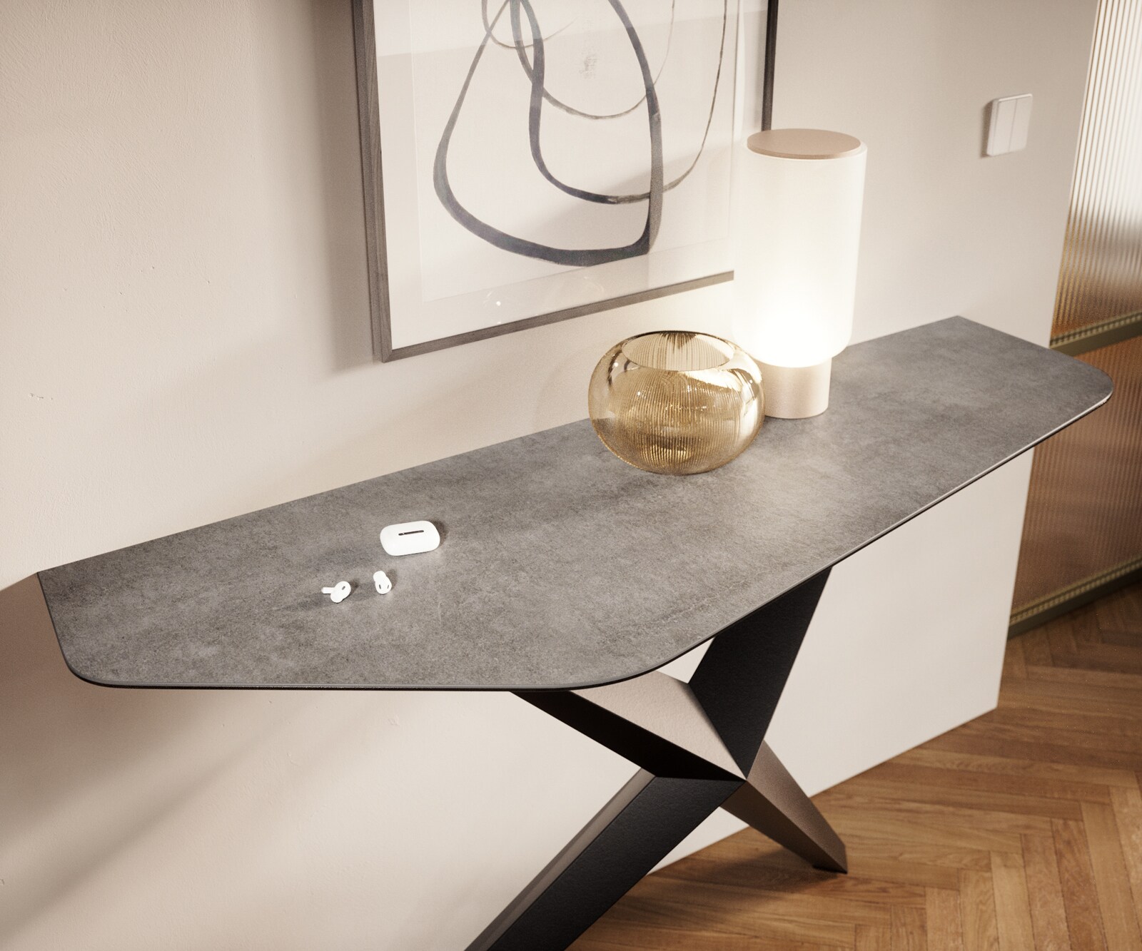 Konsolentisch Edge Polygonal 140x50 cm Keramik Beton Grau Zentharo Metall Schwarz 6