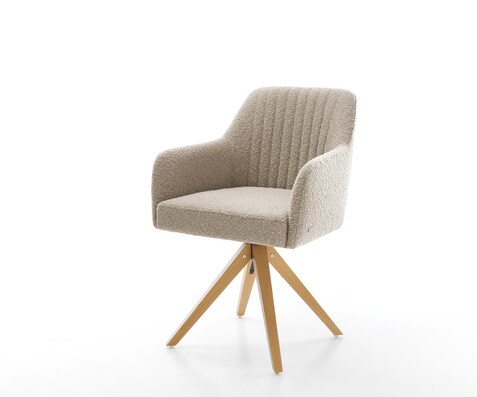 Drehstuhl Greg-Flex Bouclé Schlamm Holzgestell kantig Natur 360° drehbar Taschenfederkern