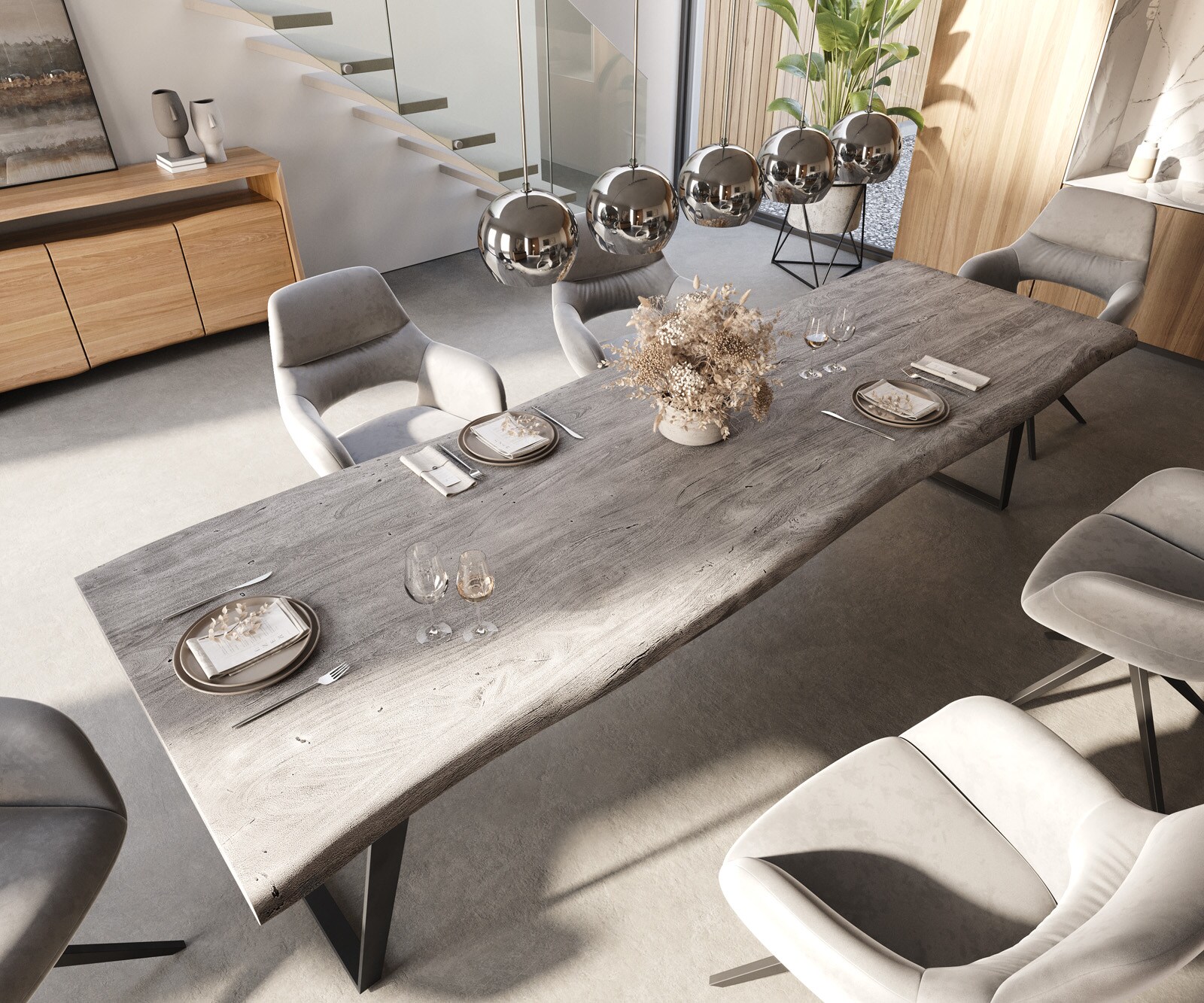 Esstisch Edge 300x100 XL Akazie Platin Metall Schräg Live-Edge 4