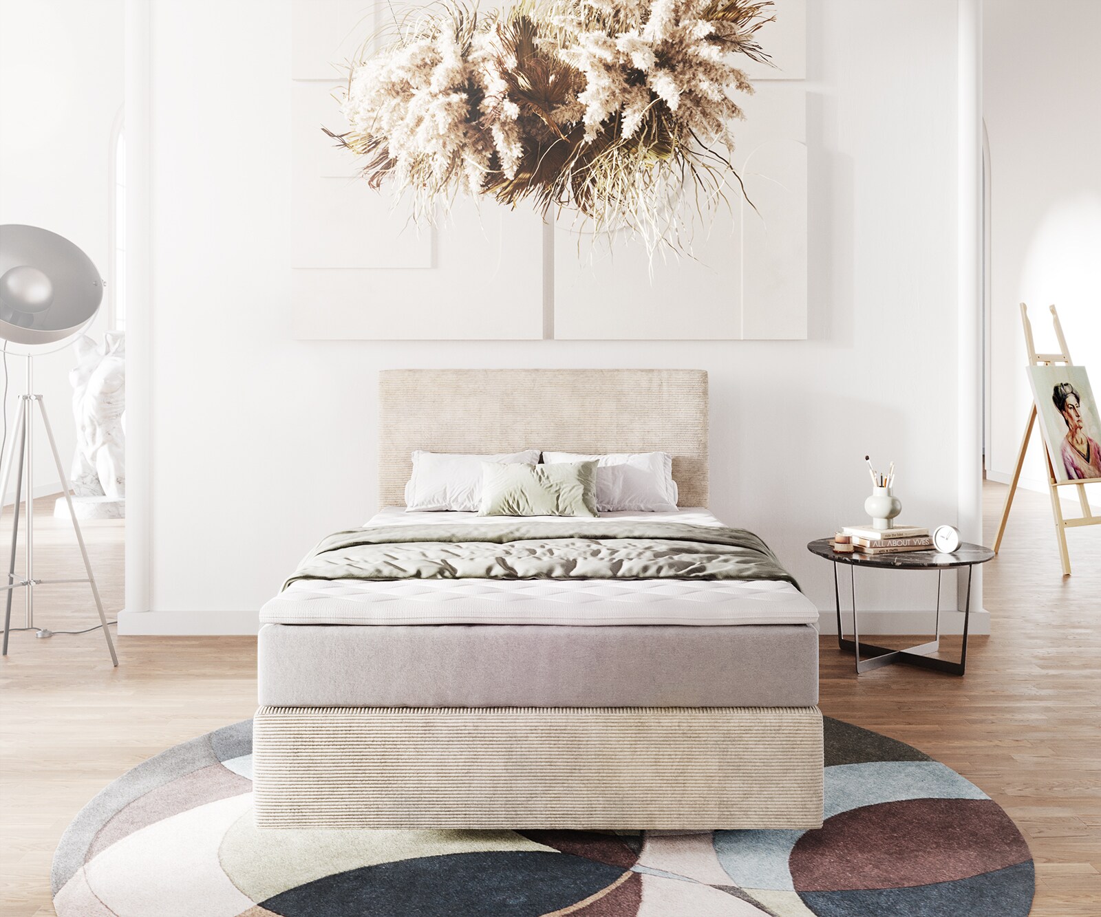 Boxspringbett Dream-Well 120x200 cm Cord Beige mit Taschenfederkernmatratze und Topper Visco 1