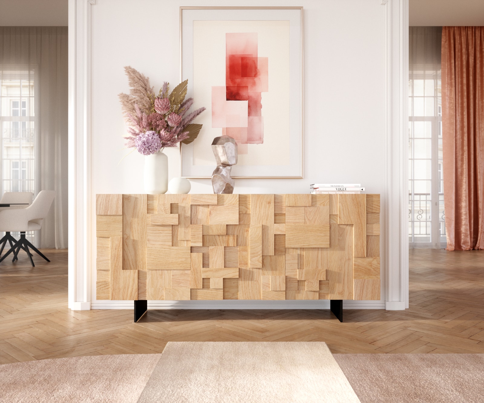 Sideboard Puzzle 175 cm Eiche Natur 3 Türen Fuß schwebend Metall Schwarz 2