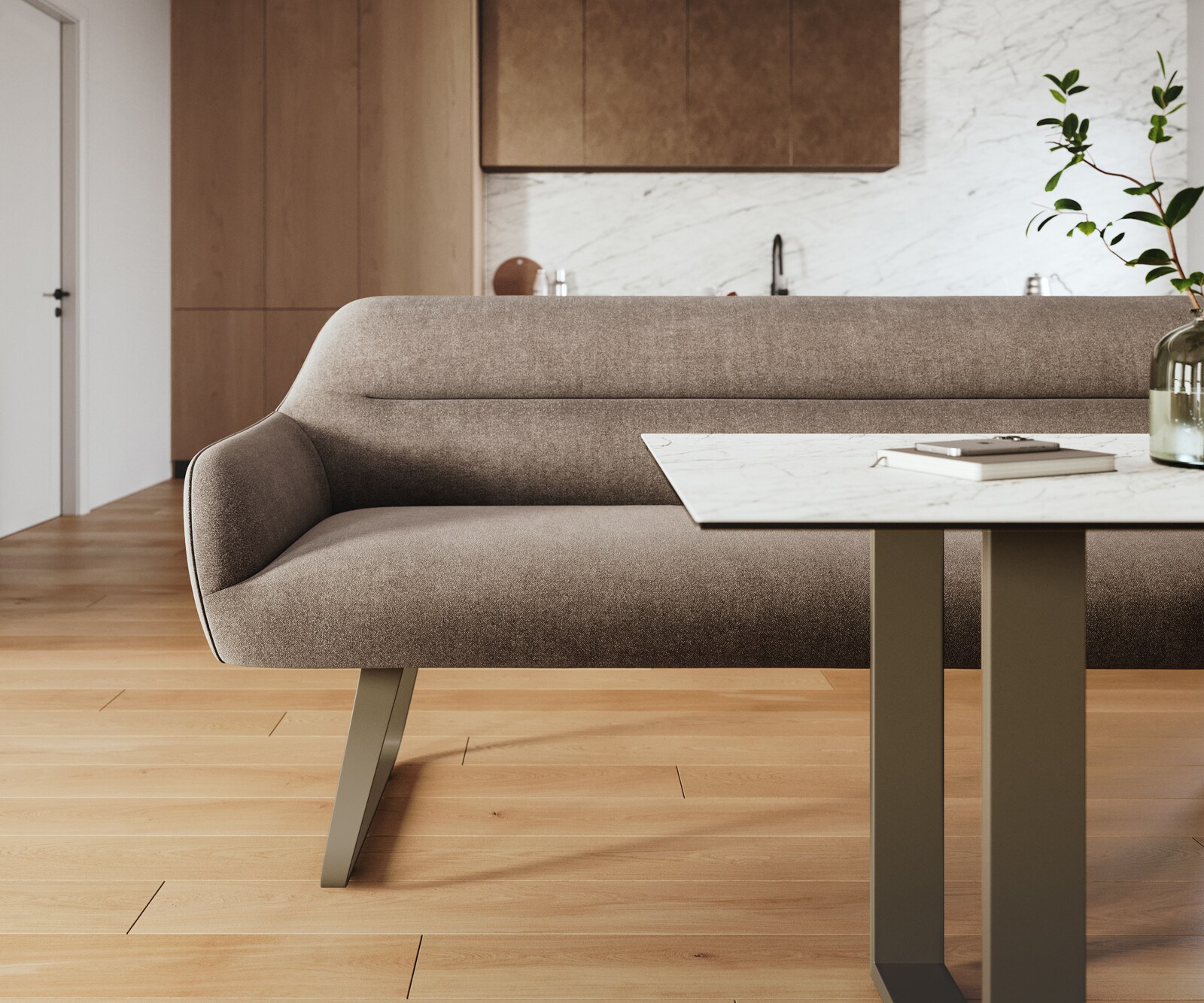 Esszimmerbank Taya-Flex 200 cm Strukturstoff Soft Taupe Kufengestell flach Effektfinish Titan Taschenfederkern 2