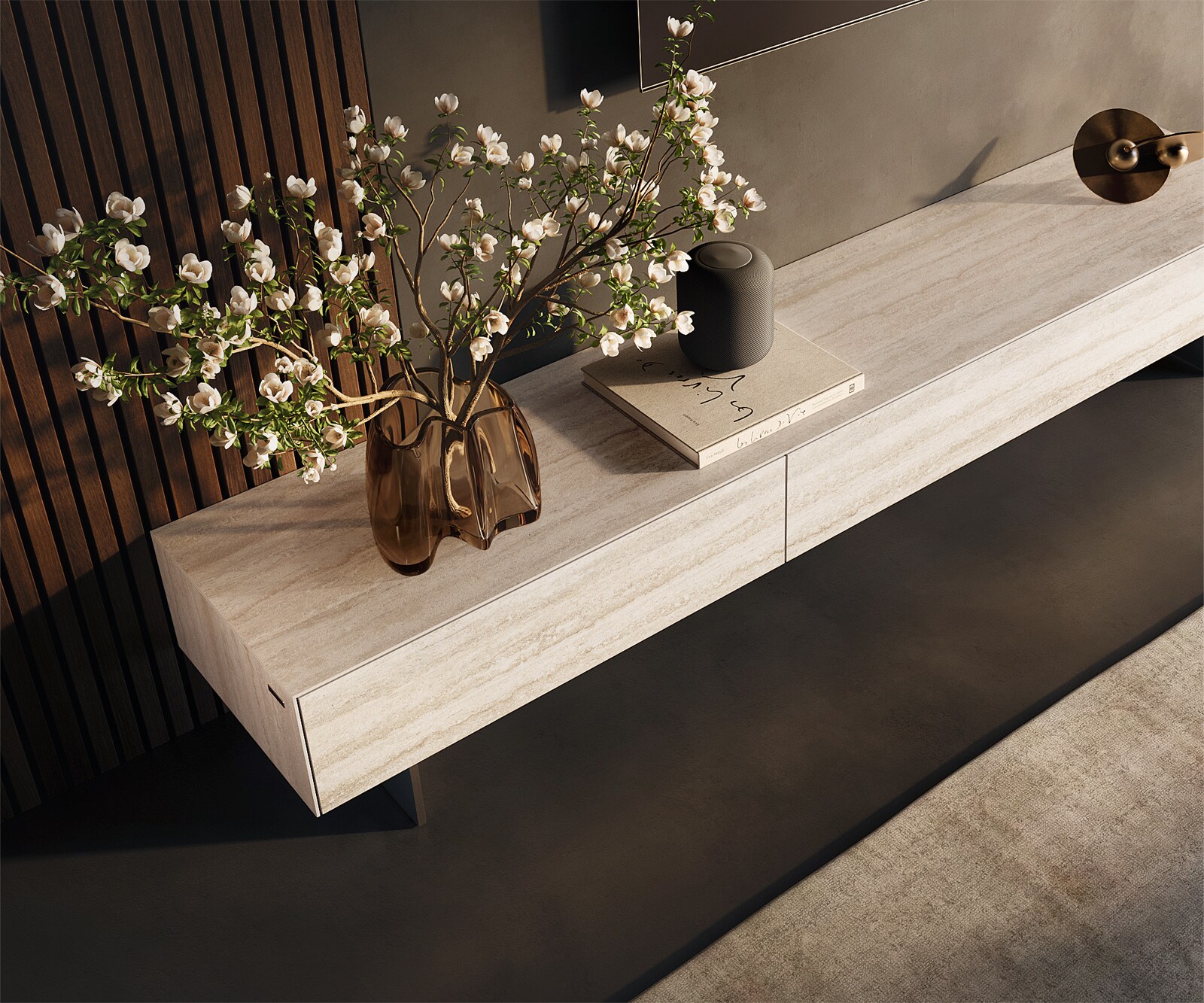 Lowboard Cuor 200 cm Keramik Laminam® Travertino Bianco Creme-Weiß 1 Klappe 1 Schubfach Fuß Schwebeoptik Edelstahl 4