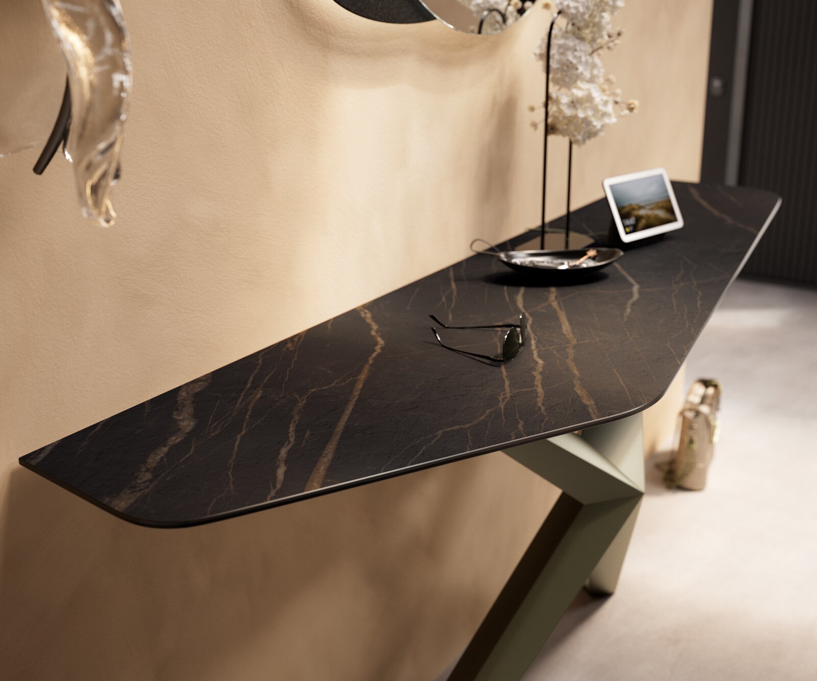 Konsolentisch Edge Polygonal 180x50 cm Keramik Laminam® Noir Desir Braun Zentharo Metall Effektfinish Titan 5