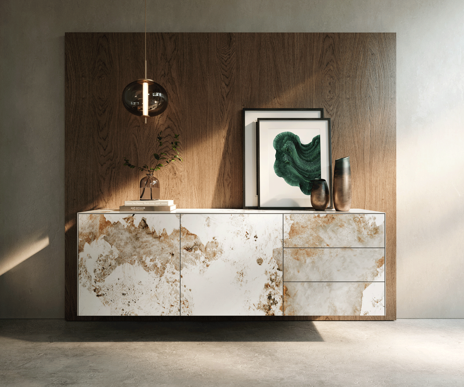 Sideboard Cuor 180 cm Keramik Minas Melange Weiß-Beige 2 Türen 3 Schubfächer Schwebend 1