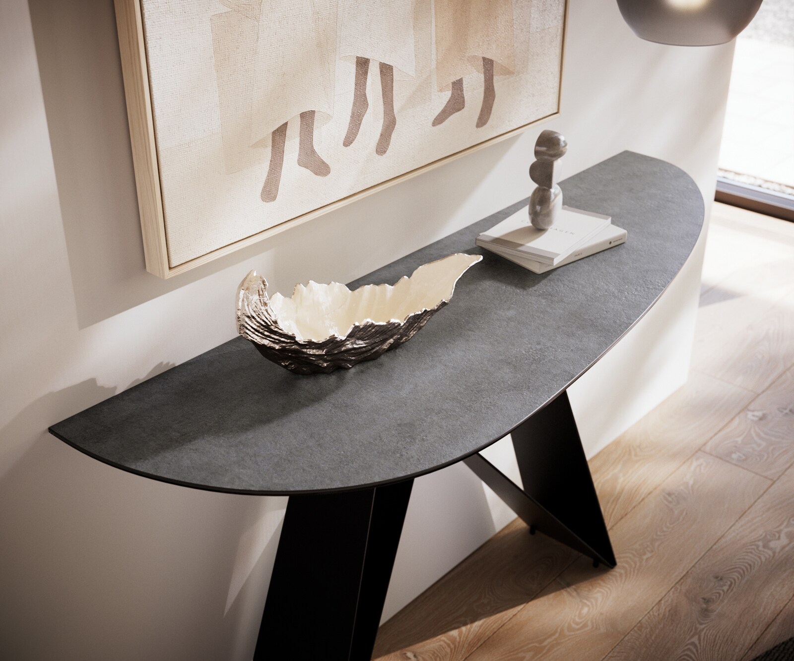 Konsolentisch Edge Oval 140x40 cm Keramik Beton Grau Velio Metall Schwarz 5