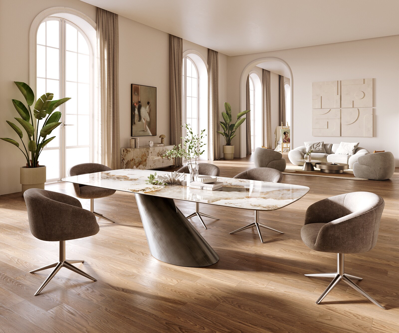 Esstisch Edge Boot 260x120 cm Keramik Minas Melange Weiß-Beige Cono Metallic Silber 6