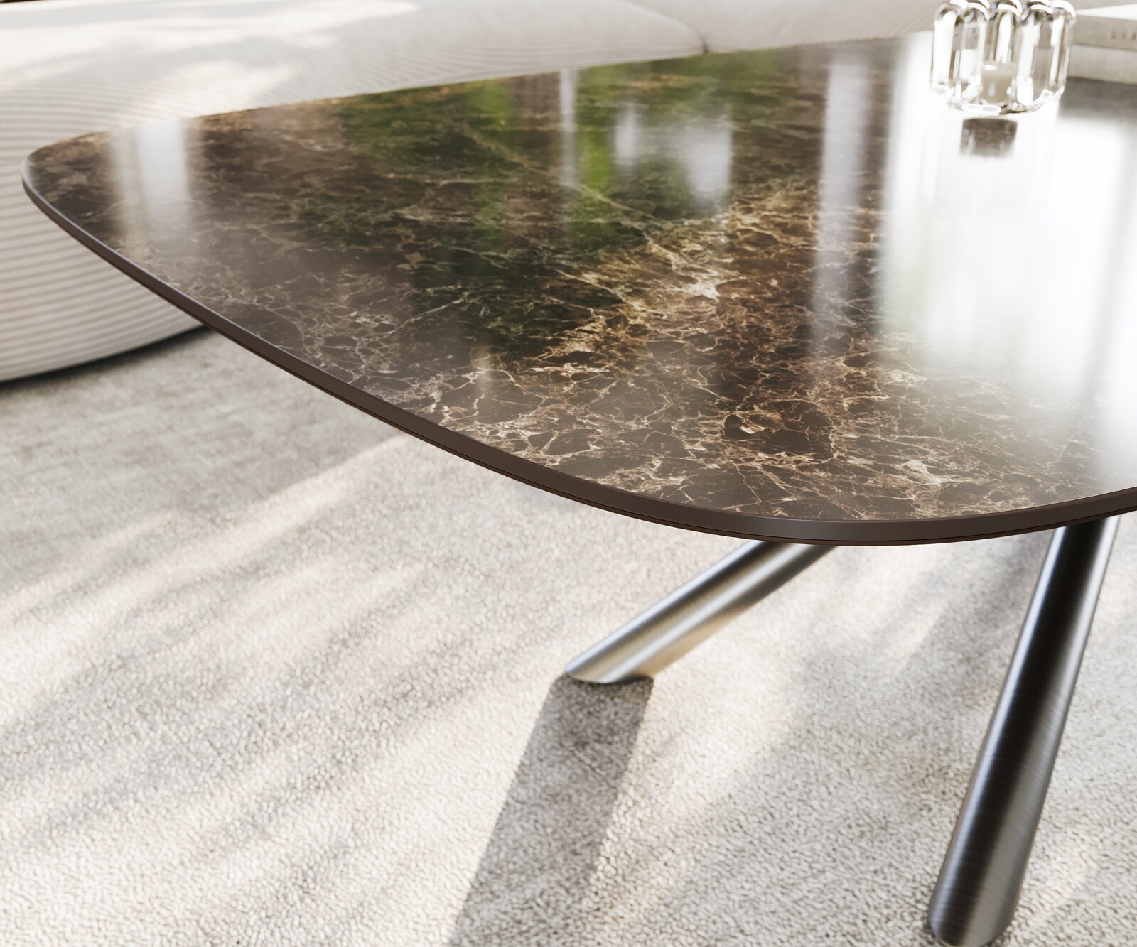 Couchtisch Edge Boot 140x80 cm Keramik Laminam® Emperador Extra Lucidato Dunkelbraun Sarity Edelstahl gebürstet 5