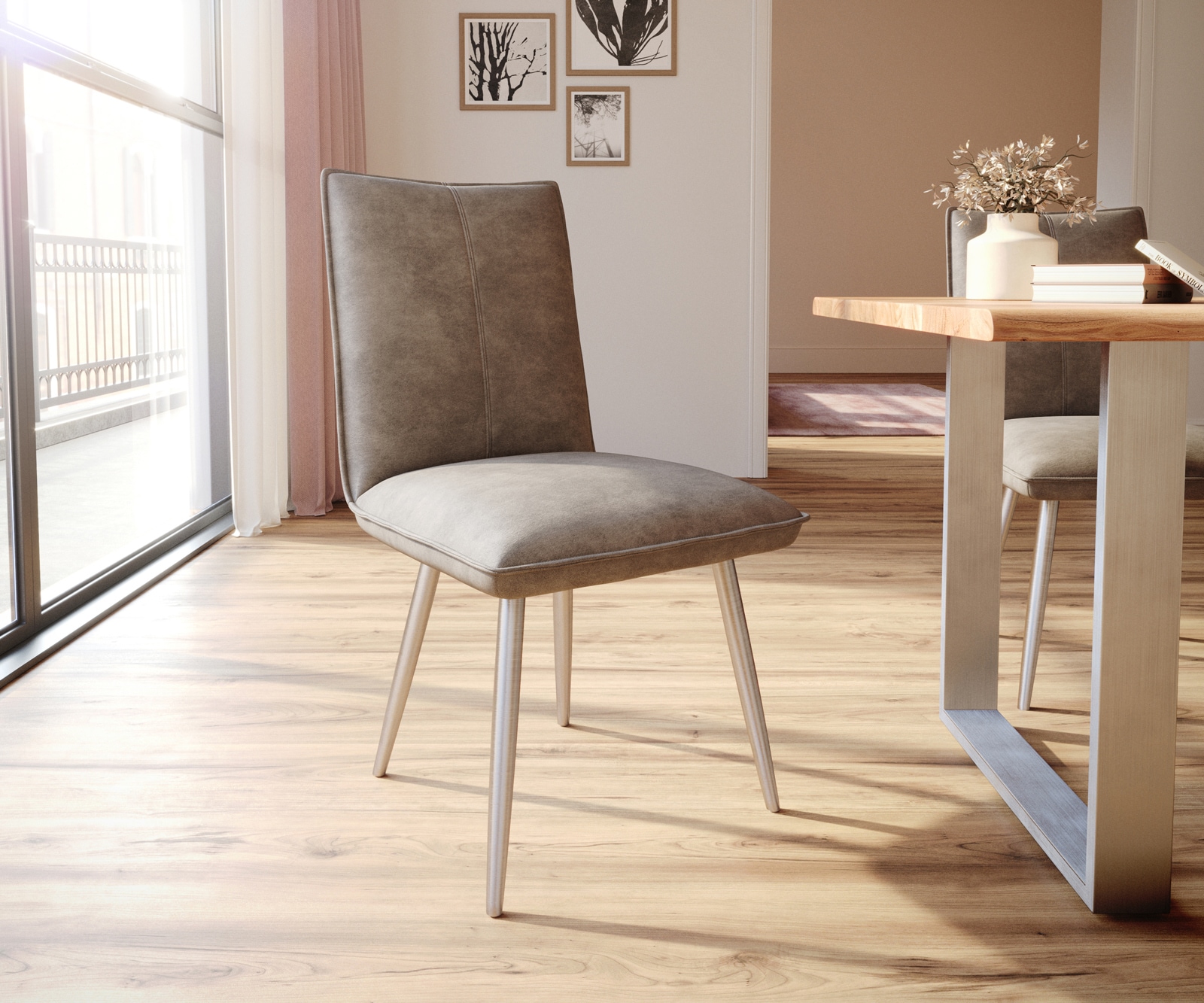 Esszimmerstuhl Lelio-Flex Mikrofaser Taupe Vintage 4-Fuß konisch Edelstahl Taschenfederkern Esszimmerstuhl Lelio-Flex Mikrofaser Taupe Vintage 4-Fuß konisch Edelstahl Taschenfederkern