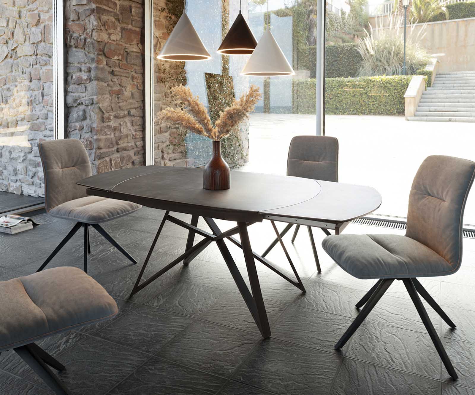 Esstisch Carlow 130/200x95 cm Keramik Grau Metall ausziehbar Esstisch Carlow 130/200x95 cm Keramik Grau Metall ausziehbar