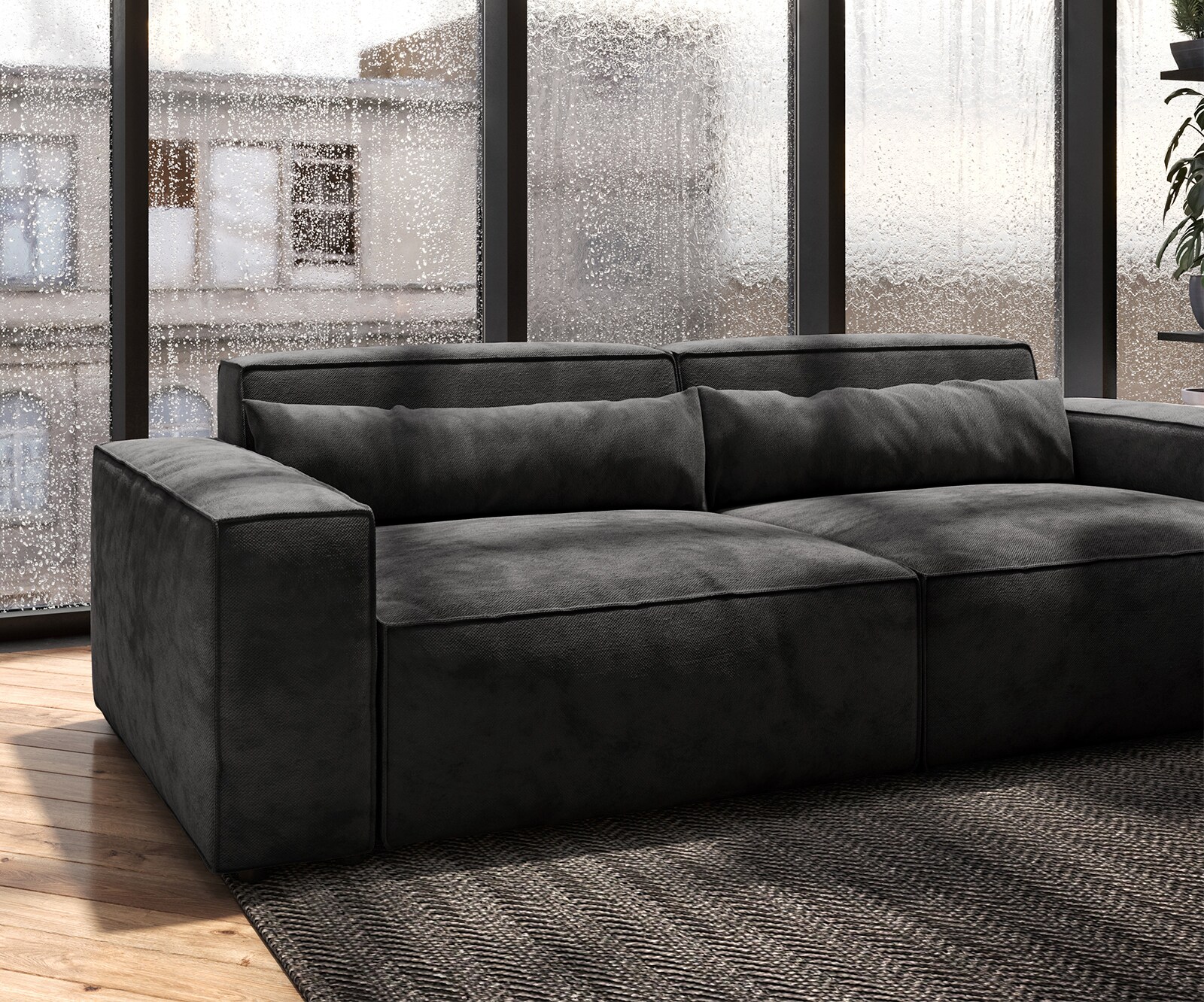 Big-Sofa Sirpio 230x95 cm Mikrofaser Schwarz mit Hocker 4