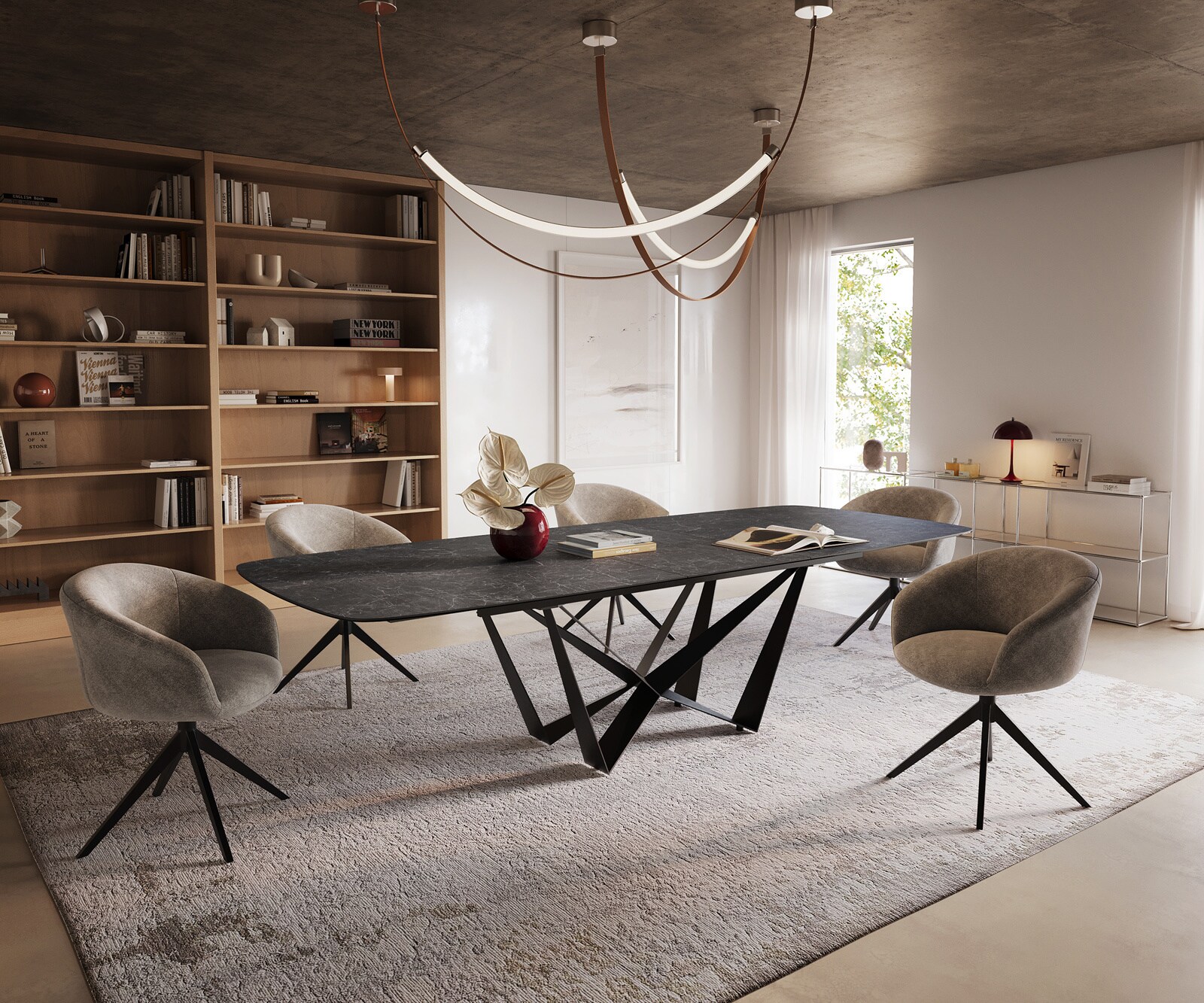 Esstisch Edge Boot 240-300x120 cm Keramik Laminam® Nero Greco Anthrazit Spider Flachstahl Schwarz ausziehbar 7